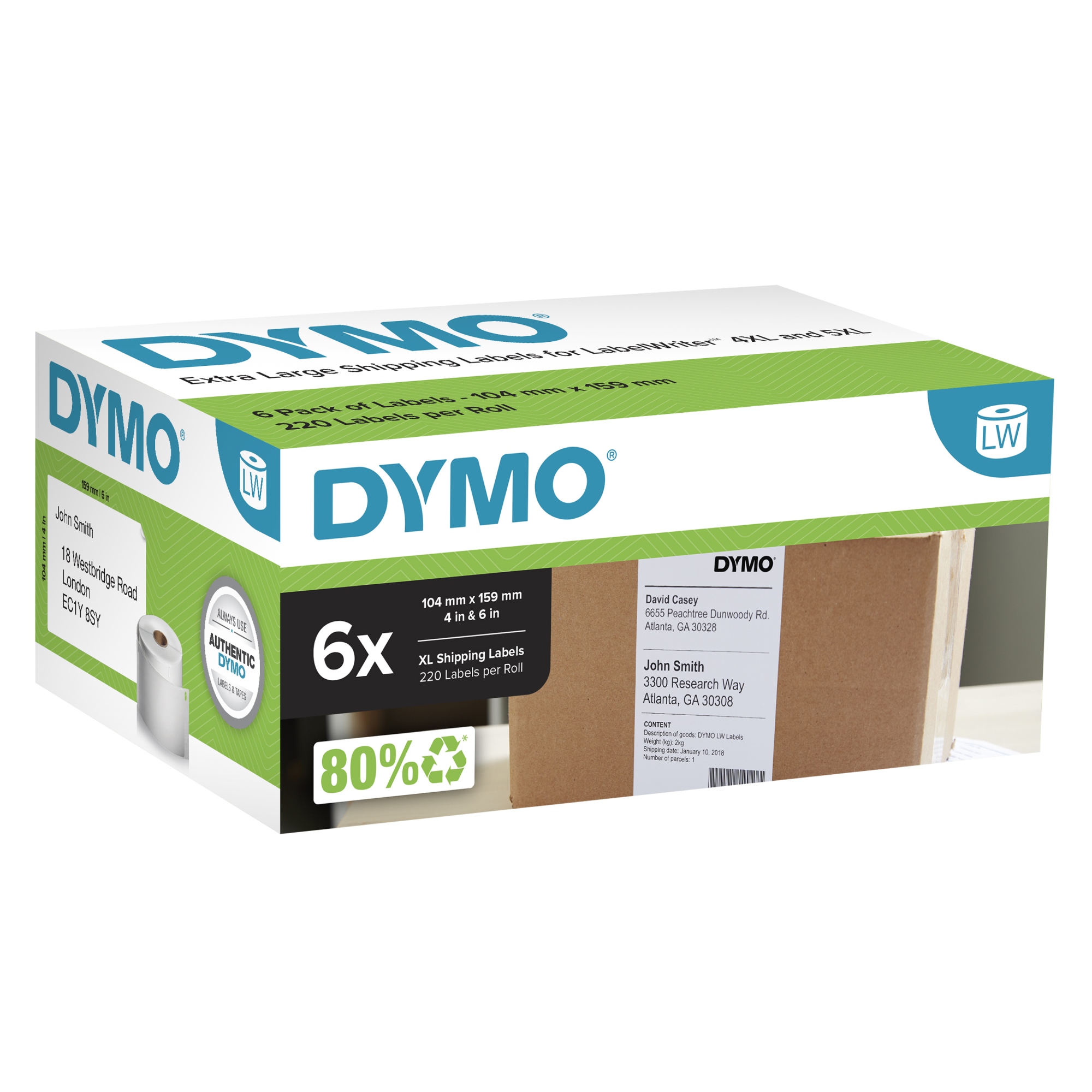 LW etiquetas auténticas extragrandes de envío para la rotuladora LabelWriter 5XL/4XL | 104 mm x 159 mm | 6 rollos de 220 etiquetas con reverso fácil de retirar (1.320 unidades)