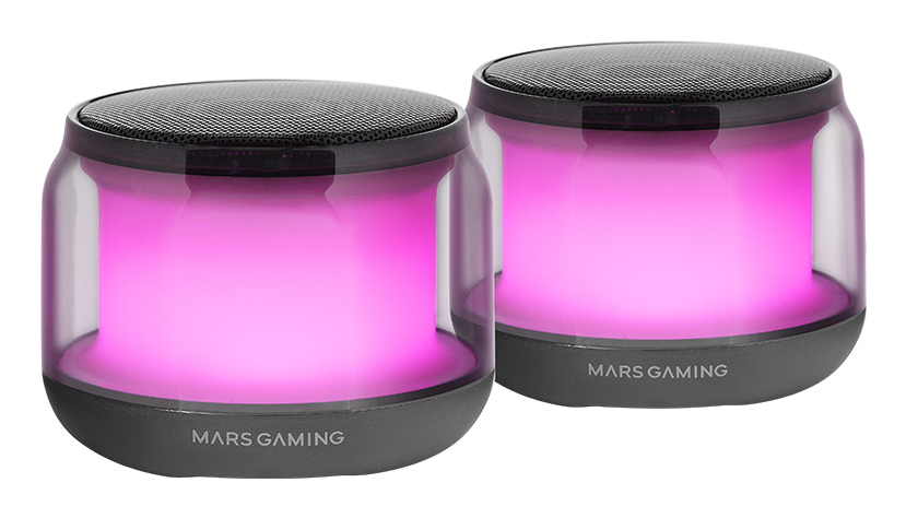 MS-AURA, Altavoces Bluetooth 5.3, Chipset DSP Personalizado 15W, Iluminación RGB con Diseño ClearView 360º, Altavoces Compactos con Caja de Control de Volumen y RGB, Entrada AUX-IN, Negro