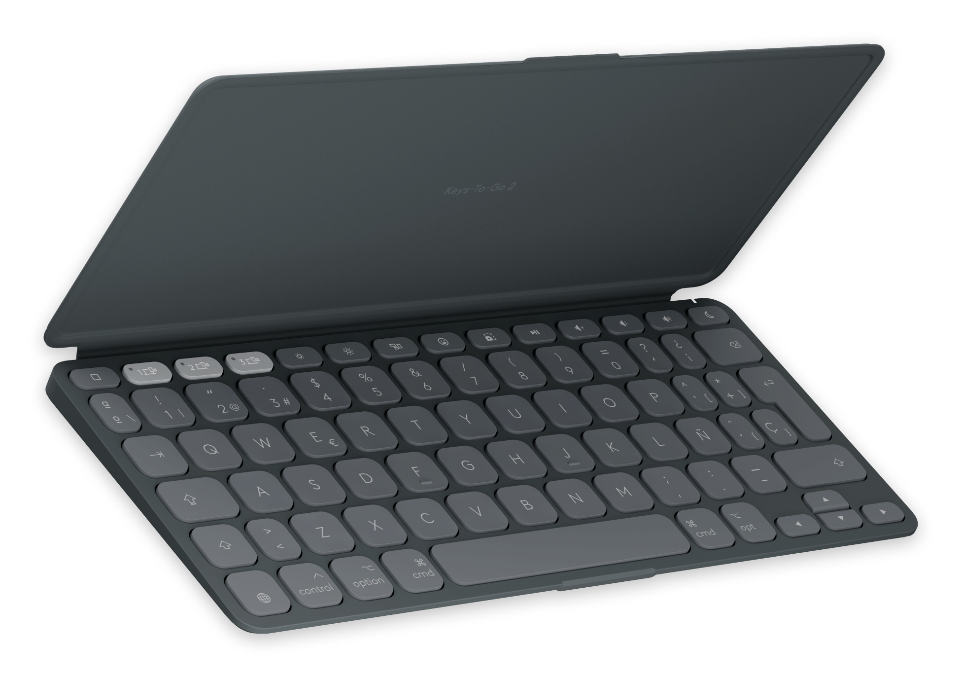 Keys-To-Go 2, teclado inalámbrico portátil para iPad con tapa integrada, estilizado y compacto, para iPad, iPhone, Mac y Apple TV, para alternar fácilmente entre dispositivos, Grafite