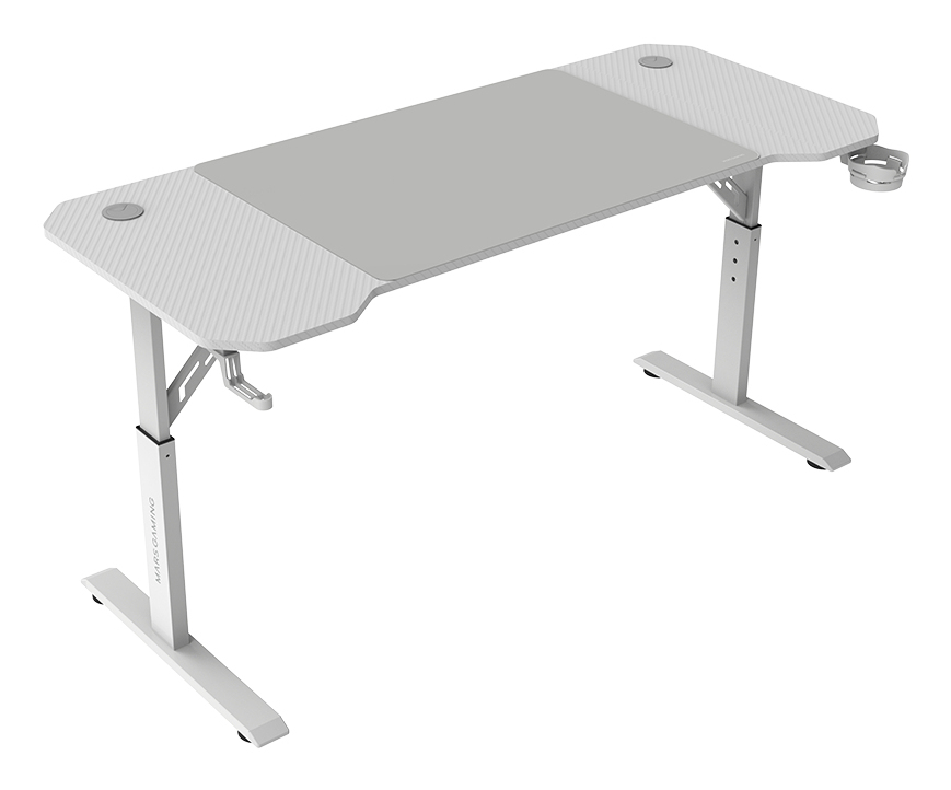 MGD-ERGO140, Mesa Altura Ajustable 3 Posiciones, Superficie Ergonómica, Estructura Metálica, Alfombrilla XXL, Soporte Auriculares + Bebida, Gestión Cableado, Mesa Gaming 140x60cm, Blanco