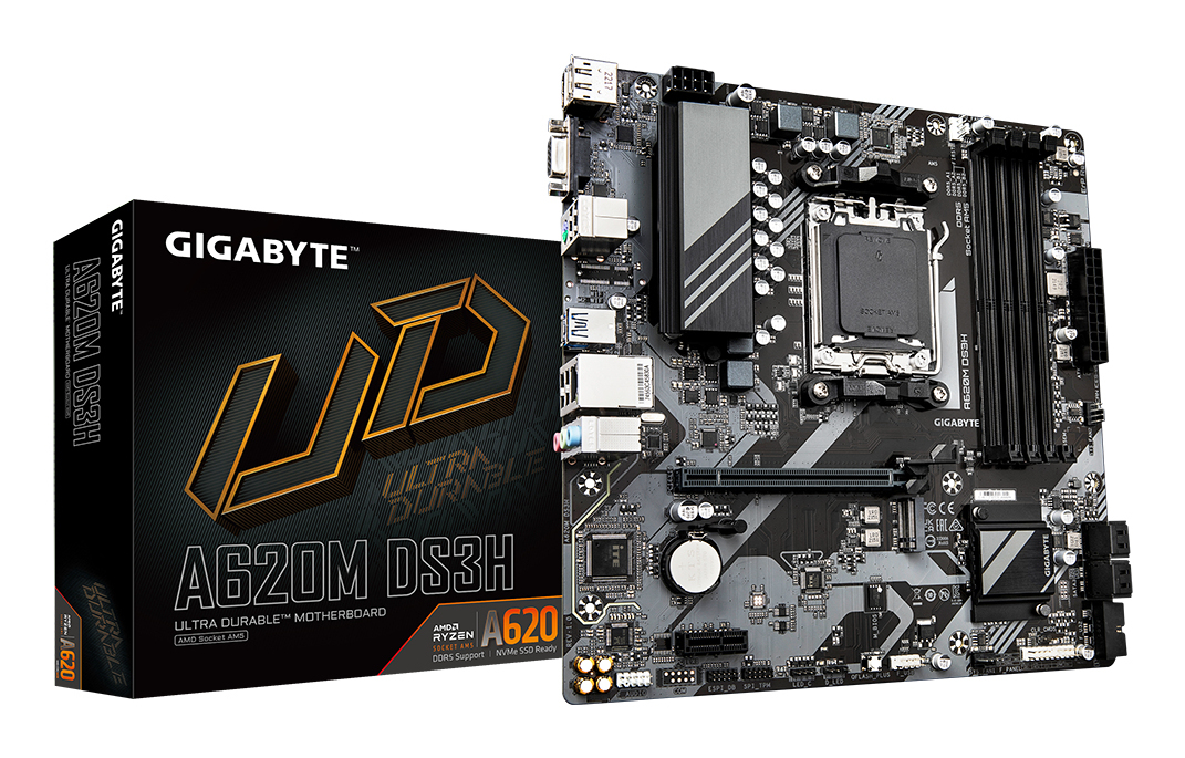 A620M DS3H Placa base - Soporta CPUs AMD Ryzen 8000, VRM digital de 5+2+2 fases, hasta 7600MHz DDR5 (OC), 1xPCIe 4.0 M.2, LAN GbE, USB 3.2 Gen 1