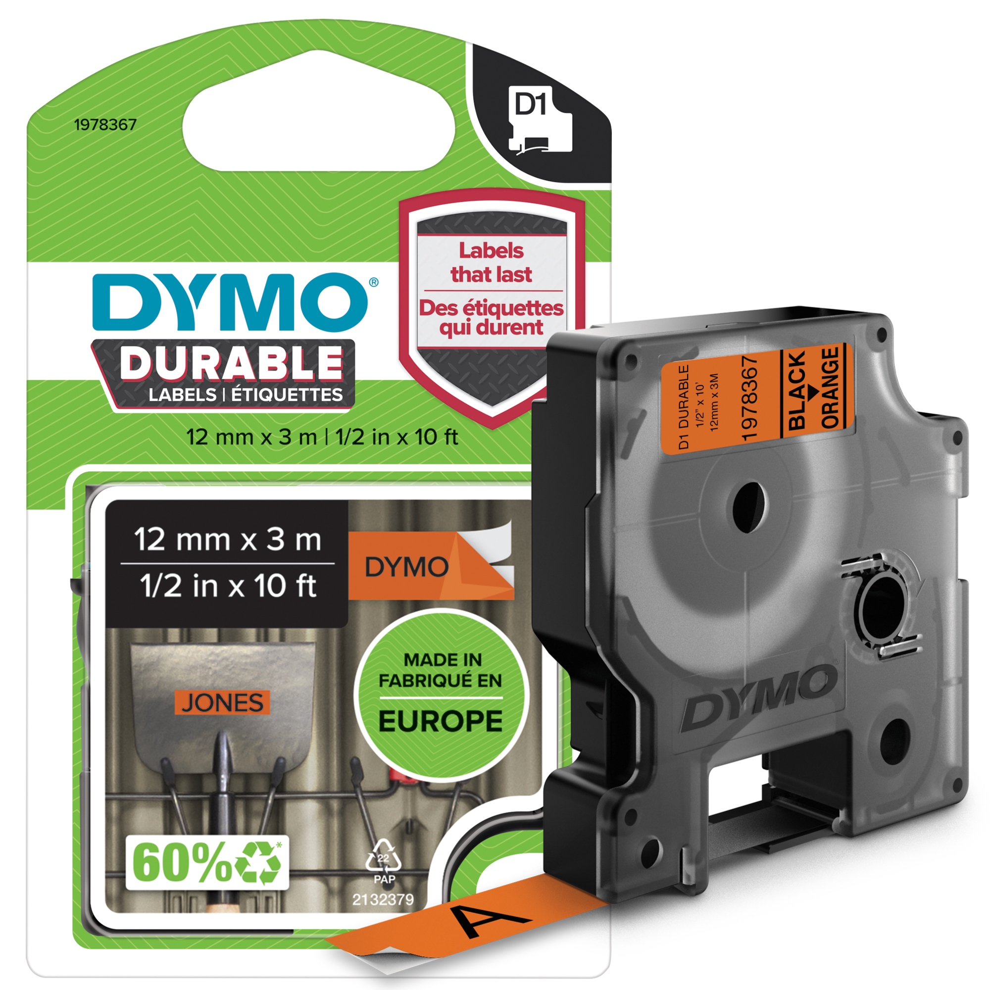 Etiquetas duraderas D1 auténticas de | Impresión en negro sobre cinta naranja | 12 mm x 3 m | Cinta de etiquetas de alto rendimiento para rotuladoras LabelManager
