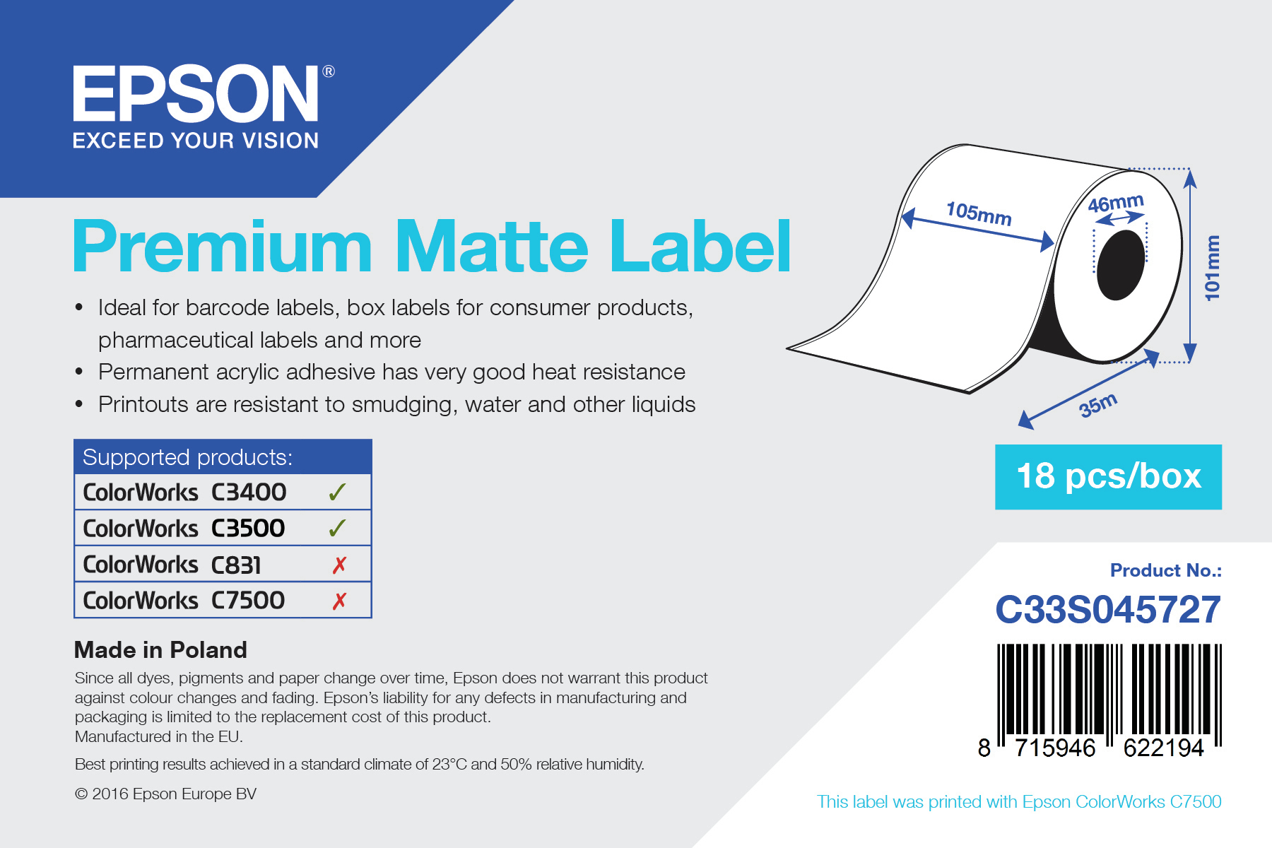 Premium Matte Label - Continuous Roll: 105mm x 35m