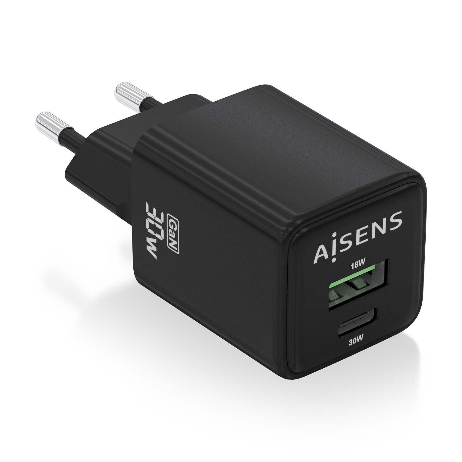 Cargador Gan 30W, 1xUSB-C PD3.0 QC4.0, 1xUSB-A QC3.0, Negro