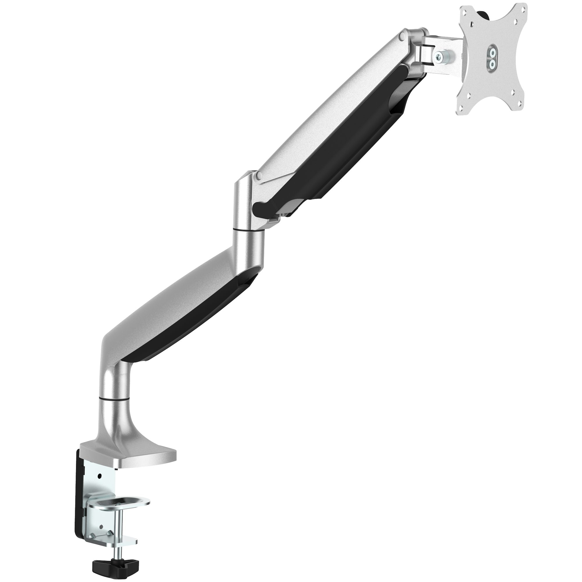 Brazo Ergonómico de Escritorio para Monitor VESA hasta 32" (9kg) - de Servicio Pesado - Movimiento Total, Altura Ajustable y Articulado - Aluminio - Abrazadera en C/Ojal - Plata