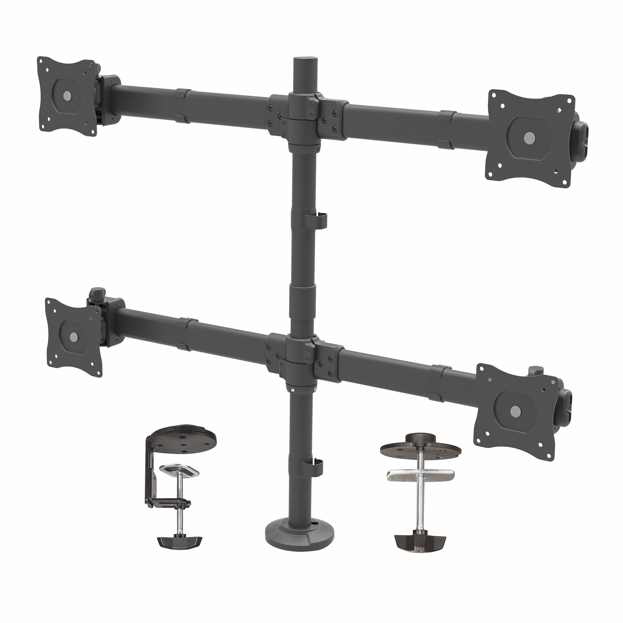 Brazo de Escritorio para 4 Monitores 2x2 de hasta 27" (8Kg) con Montaje VESA- Soporte Ergonómico con Mástil, Articulado y Altura Ajustable - Inclinación/Giro/Rotación - Abrazadera/Ojal