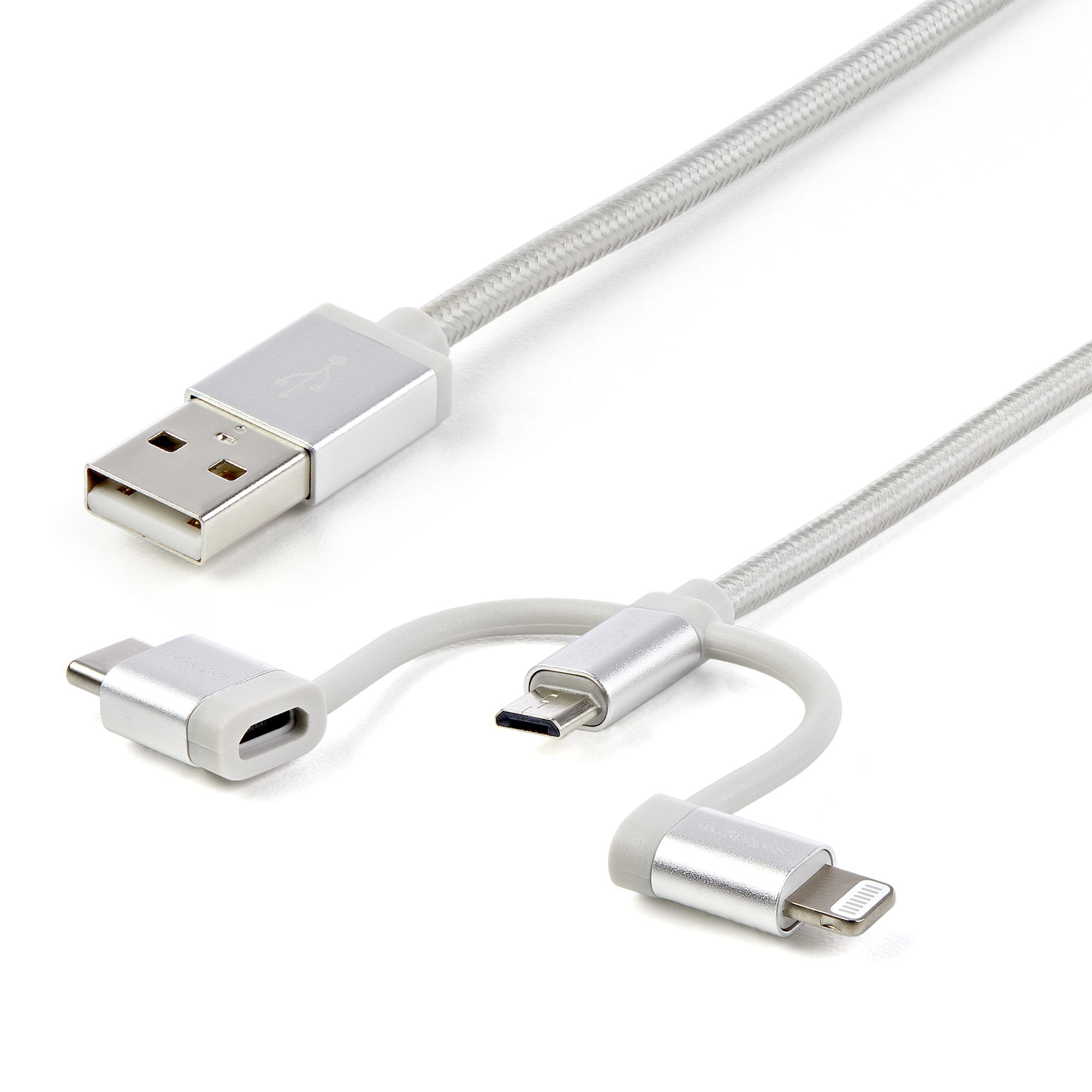 Cable USB Multicarga USB de 1m - USB a Micro USB o USB-C o Lightning para iPhone / iPad / iPod / Android - Certificación MFi de Apple - Cable Cargador USB 3 en 1 - Trenzado