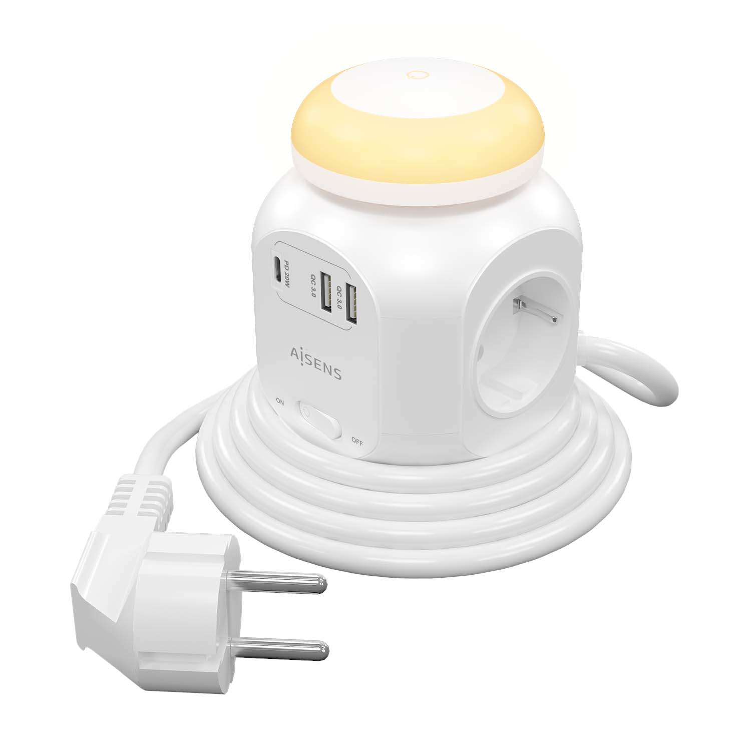 Regleta de Enchufes Sobremesa Multifuncion con 4 Tomas + 1xUSB-C 20W PD3.0, 2xUSB-A 18W QC3.0, Luz Nocturna, 1.8M, Blanco