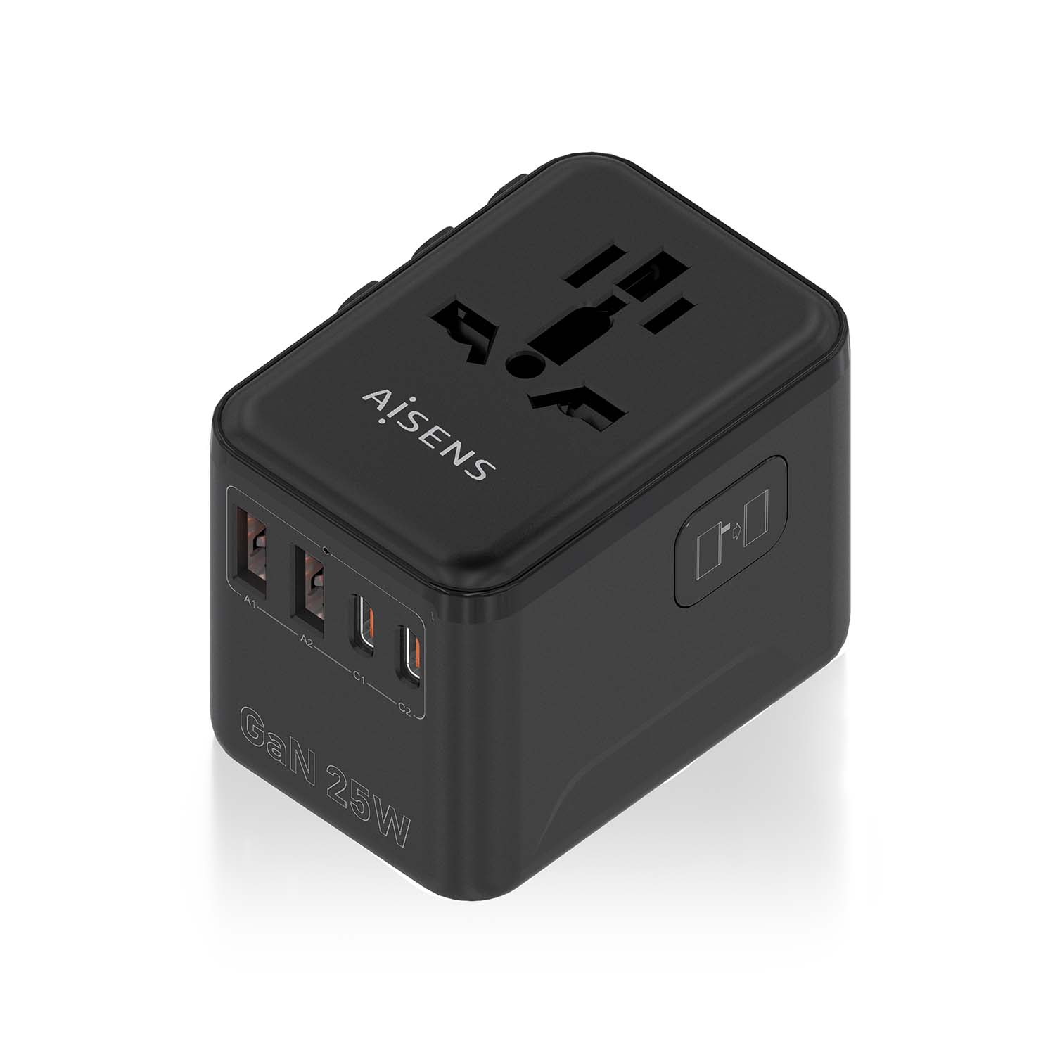 Adaptador Enchufe Universal Para Viaje EU/USA/UK/AU Con Cargador USB GaN, 2xUSB-A QC3.0, 2xUSB-C PD3.0 25W, Negro