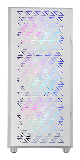 MC-GEO, Caja Gaming ATX, 4x Ventiladores FRGB Rainbow 12cm, Panel Frontal Mesh Geométrico, Ventana Lateral Cristal Templado, Semitorre PC Doble Cámara, Soporte Refrigeración Líquida, Blanco