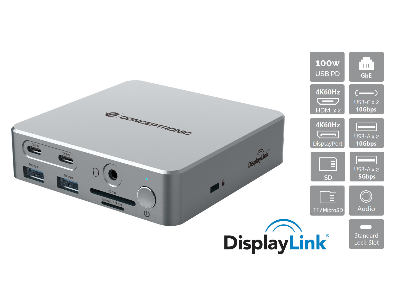 DONN25G base para portátil y replicador de puertos Alámbrico USB 3.2 Gen 2 (3.1 Gen 2) Type-C Plata