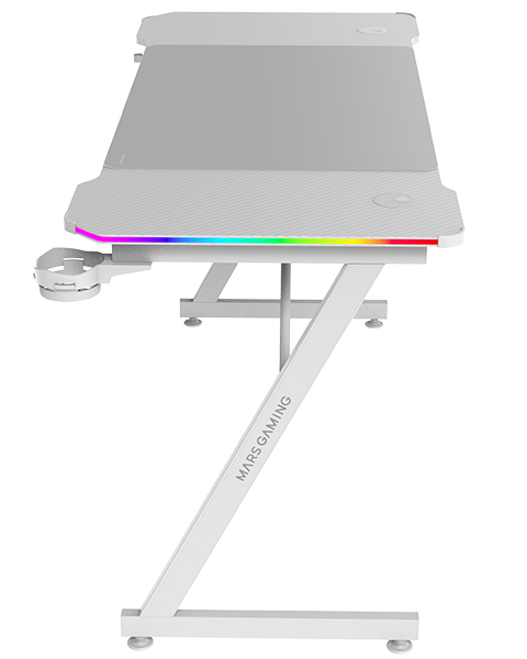 MGD-X140RGB, Mesa Gaming Ergonómica, Iluminación ARGB con Mando, Fibra de Carbono, Alfombrilla XXL, Soporte Auriculares y Bebida, Gestión Cableado, Escritorio Gaming 140x60cm, Blanco