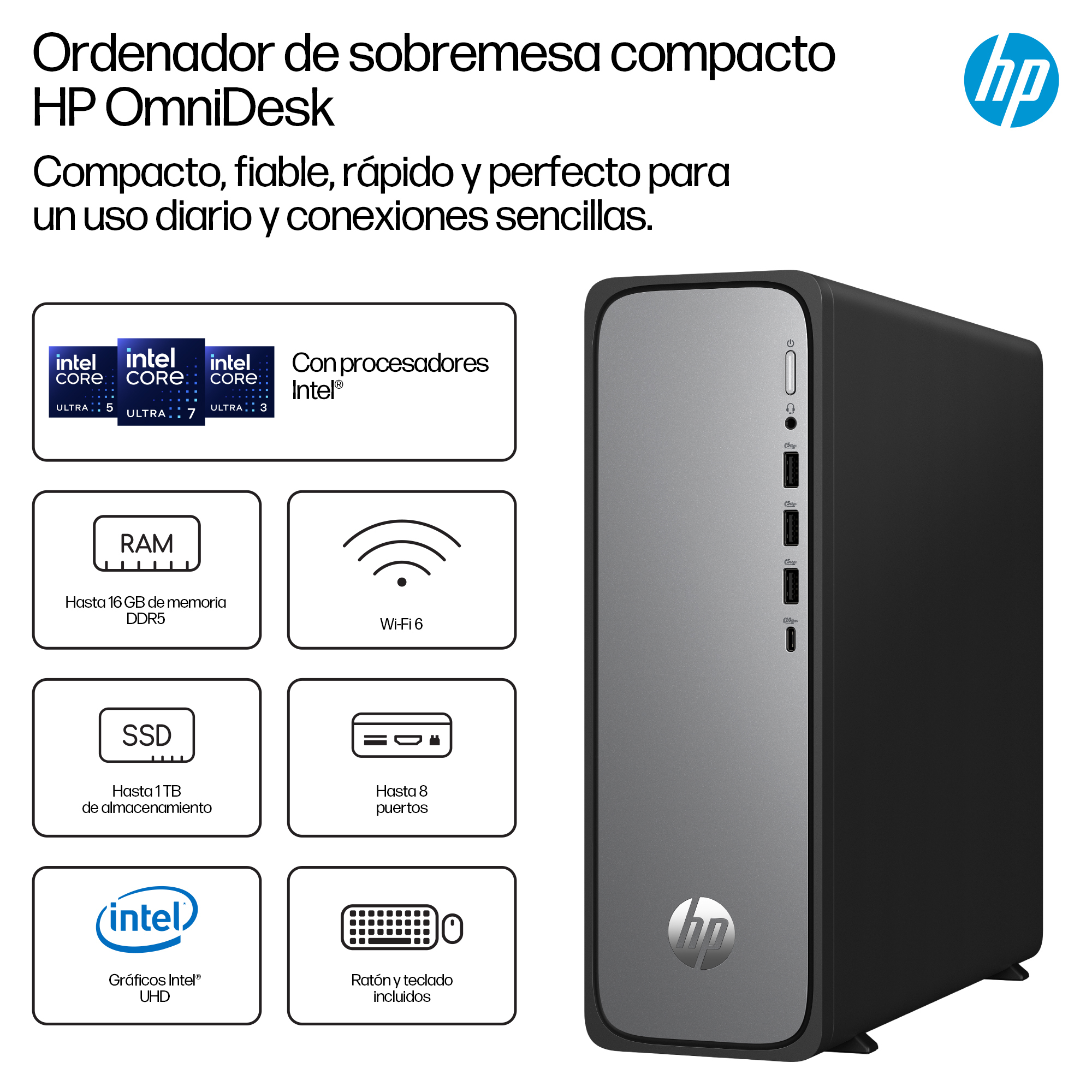 OmniDesk Slim Desktop S03-0020ns PC Intel® Core i3 i3-14100 8 GB DDR5-SDRAM 512 GB SSD FreeDOS Torre Plata