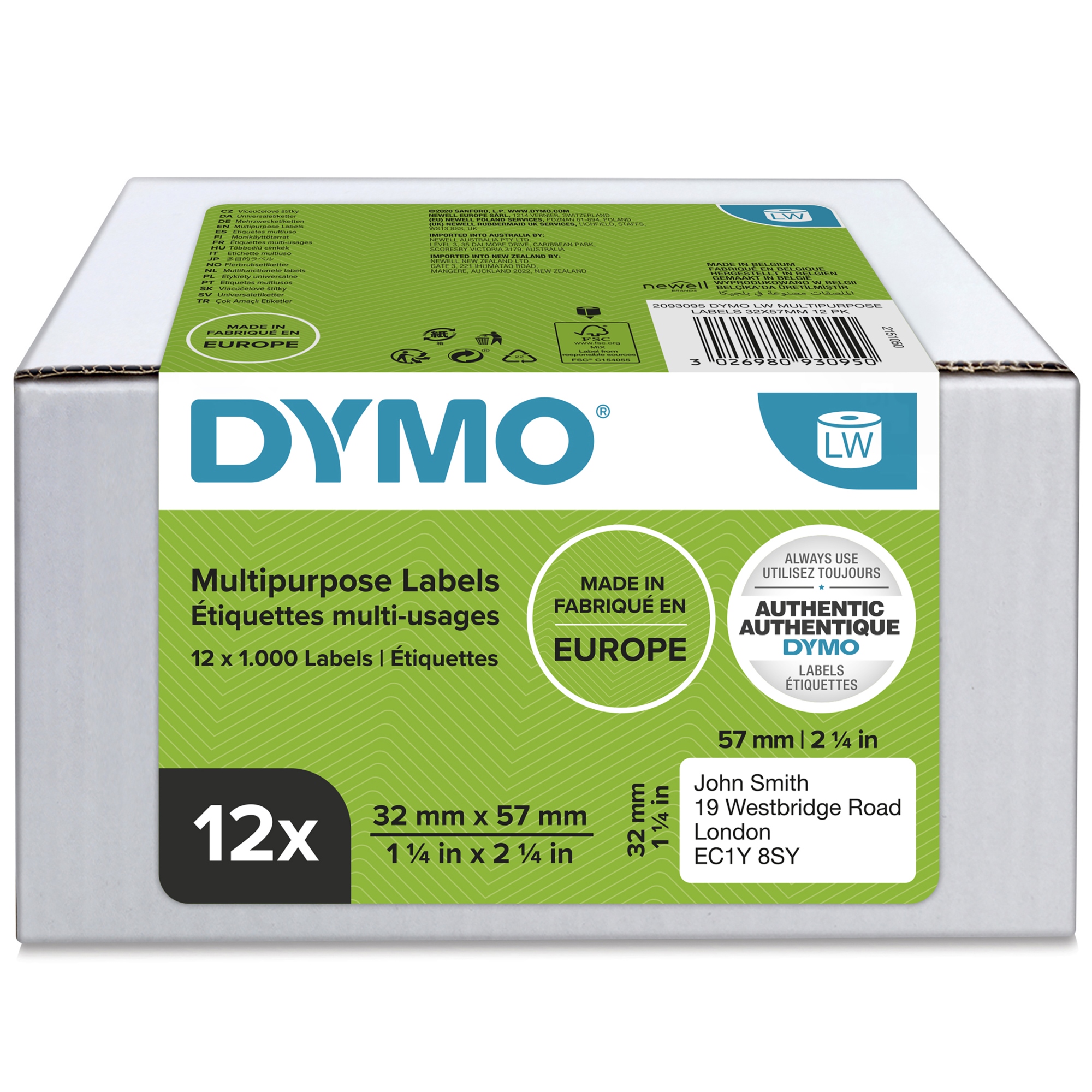 LW etiquetas de dirección multiusos auténticas | 32 mm × 57 mm | 12 rollos de 1000 etiquetas con reverso fácil de retirar (12 000 unidades) | autoadhesivas | para etiquetadoras LabelWriter
