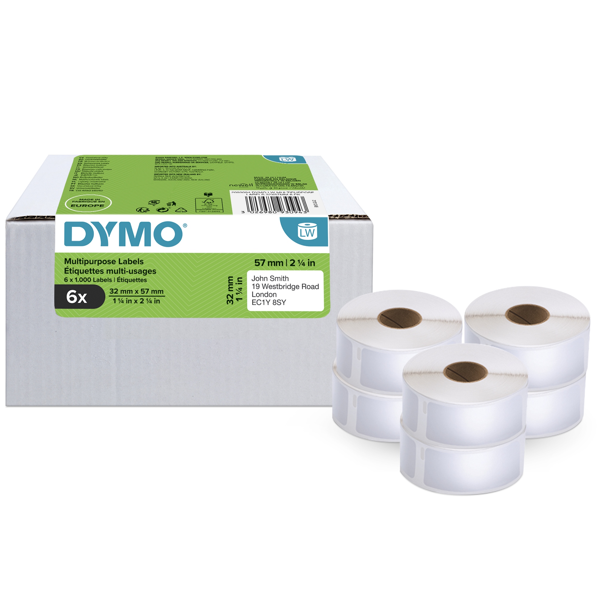 LW etiquetas de dirección multiusos auténticas | 32 mm × 57 mm | 6 rollos de 1000 etiquetas con reverso fácil de retirar (6000 unidades) | autoadhesivas | para etiquetadoras LabelWriter