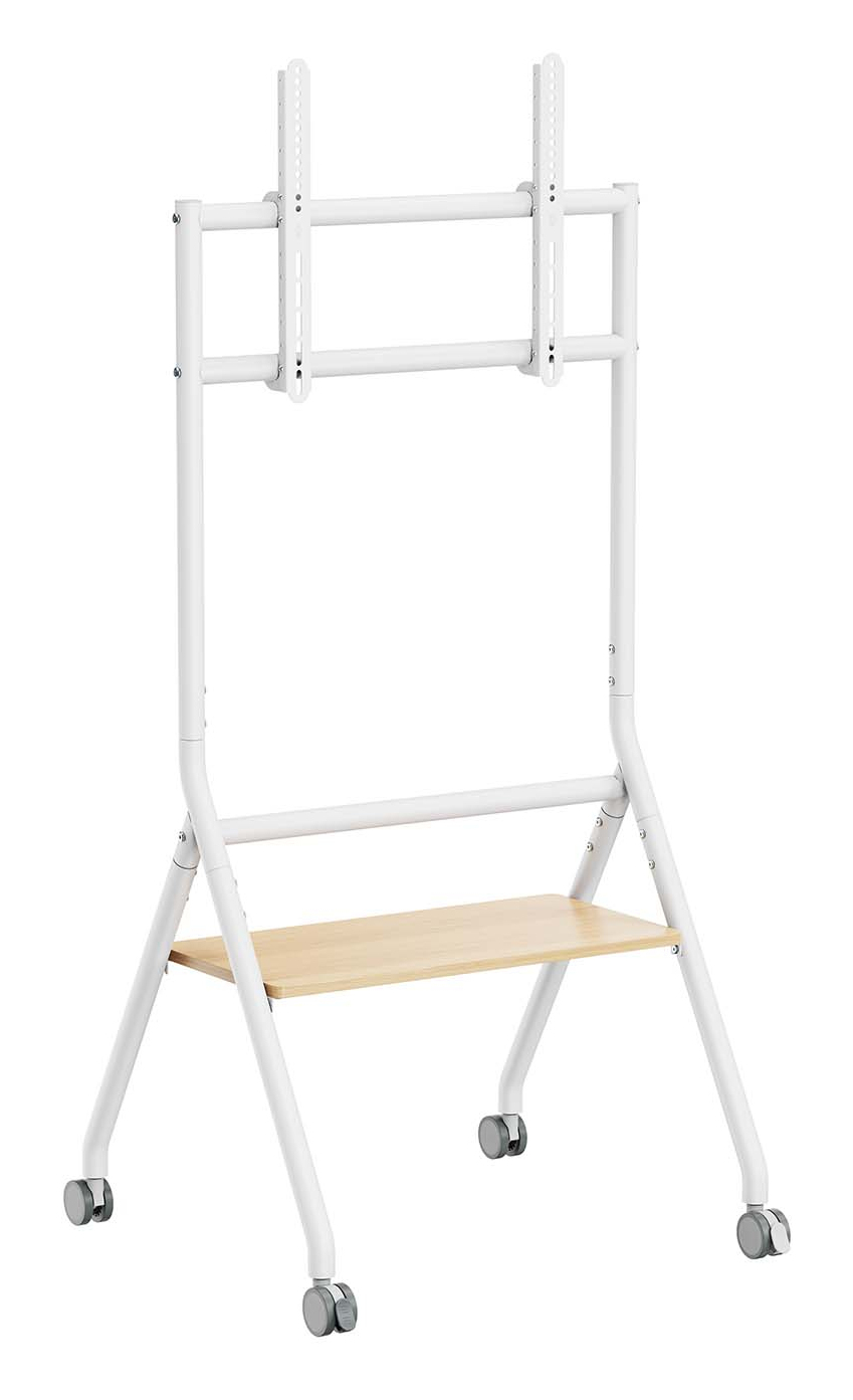 Soporte de suelo eco con rueda, 1 bandeja para pantalla interactiva/TV 80kg de 37-86, Blanco+Madera