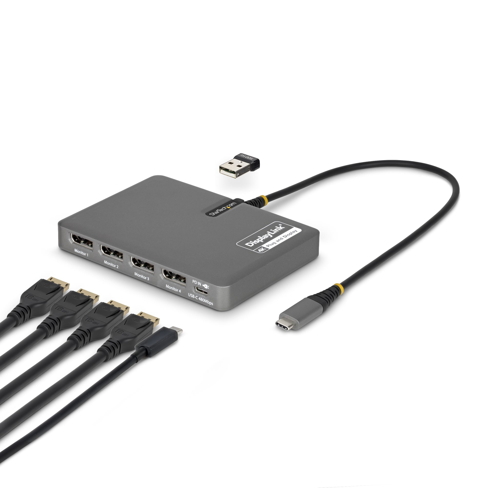 Adaptador USB-C a 4x Pantallas DisplayPort - DP 4K 60Hz - PD 140W de Paso para Carga de Portátiles - 1x Puerto USB 2.0 para Teclado o Ratón - TAA