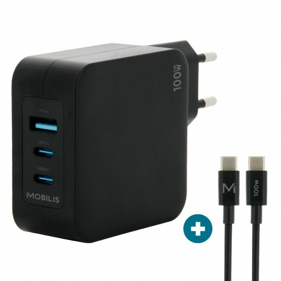Charger 100W 2USB C 1USBA GaN cable 100W Portátil, Smartphone, Tableta Negro Corriente alterna Interior