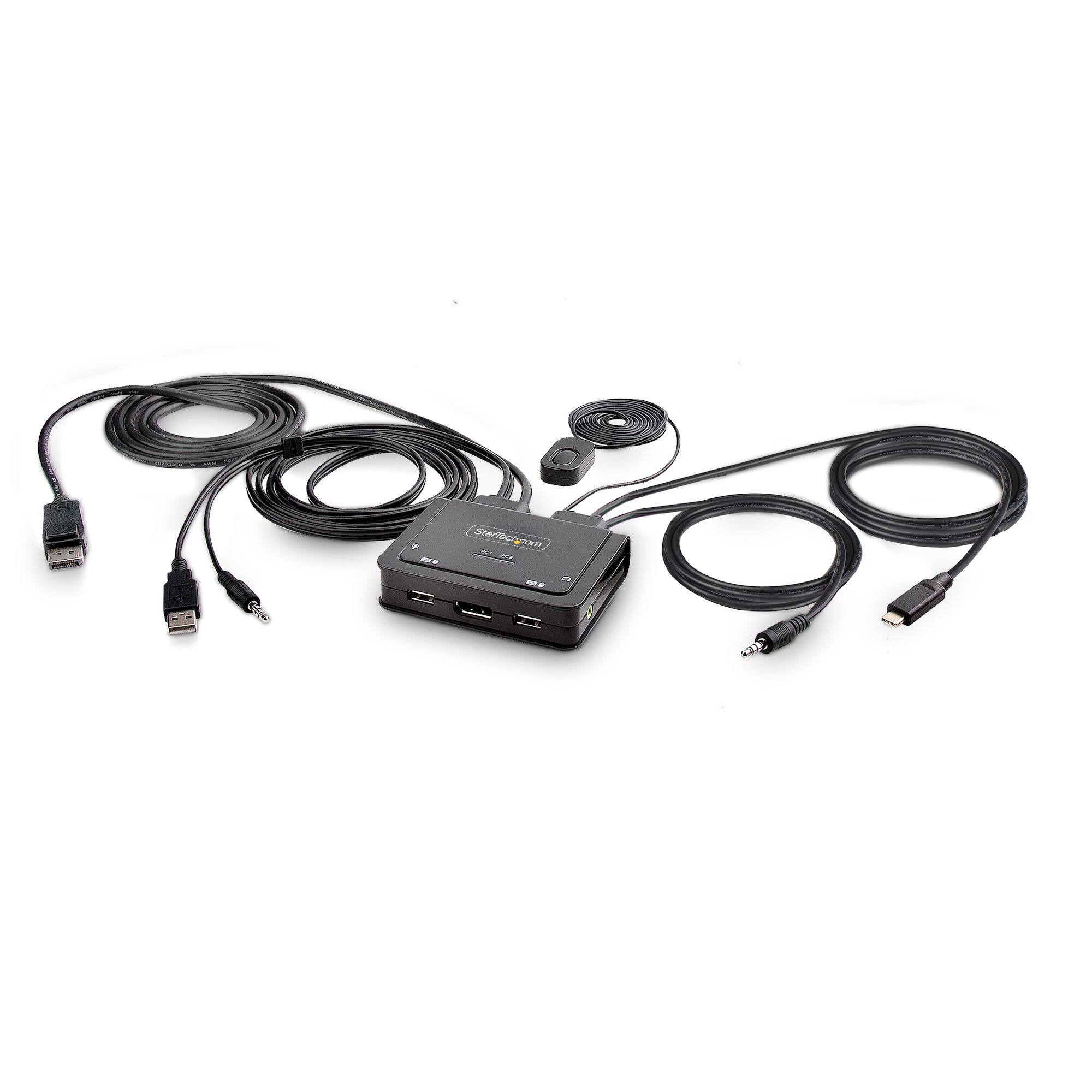 Cable Switch KVM Híbrido USB-C de 2 Puertos - 4K60 - Cables Integrados de 1,2m USB-C y USB-A/DP/Audio - Alimentado por el Bus - Conmutado por Teclas de Acceso Rápido