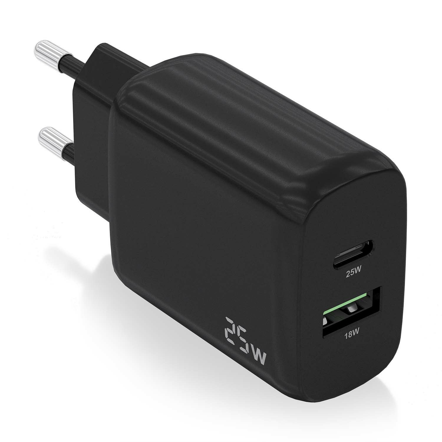 Cargador 25W, 1xUSB-C PD3.0, 1xUSB-A QC3.0, Negro