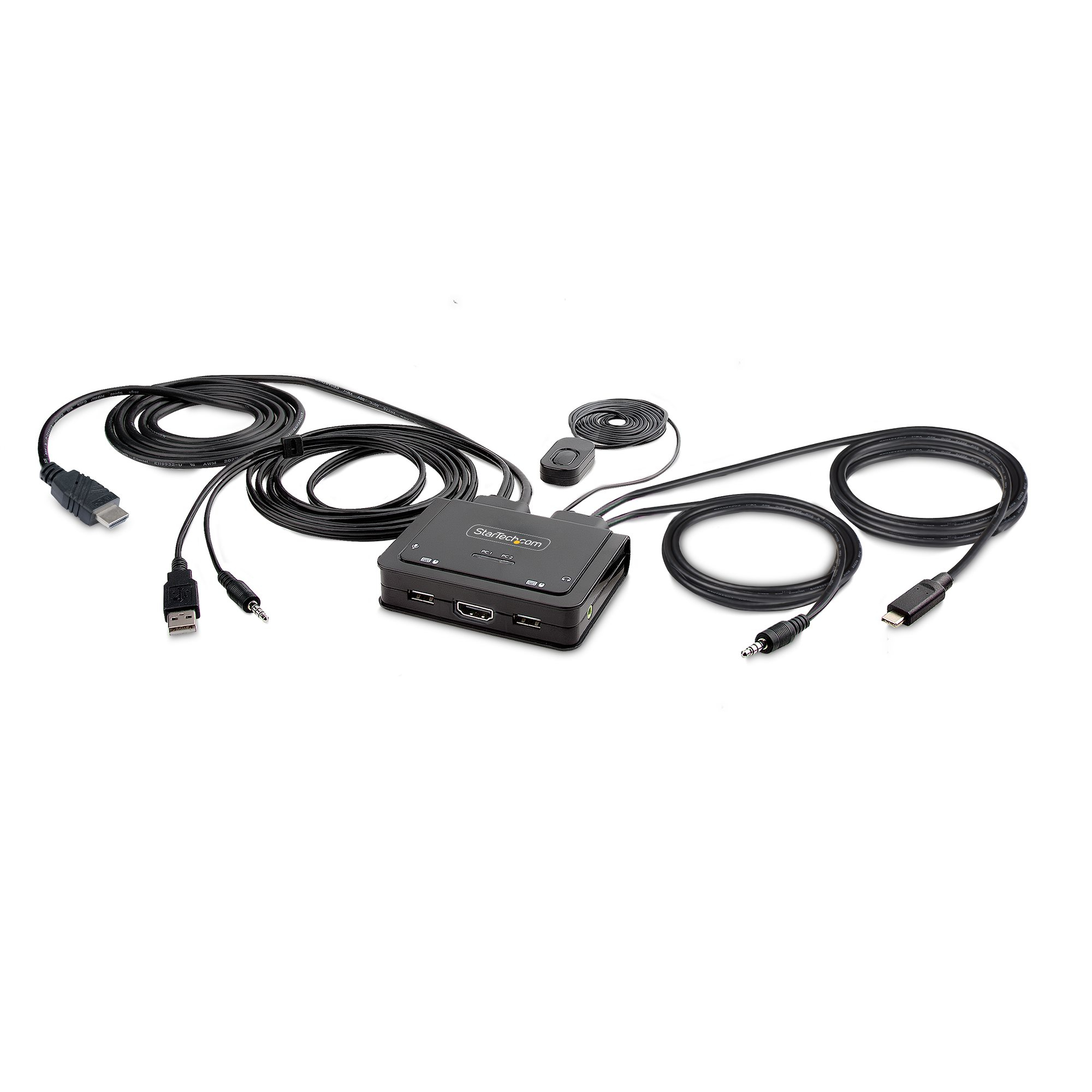 Cable Switch KVM Híbrido de 2 Puertos USB-C HDMI - 4K 60Hz - KVM Compacto con Cable Integrado de 1,8m USB-A/HDMI/Audio y USB Tipo C de 1,2m - Alimentado por el Bus