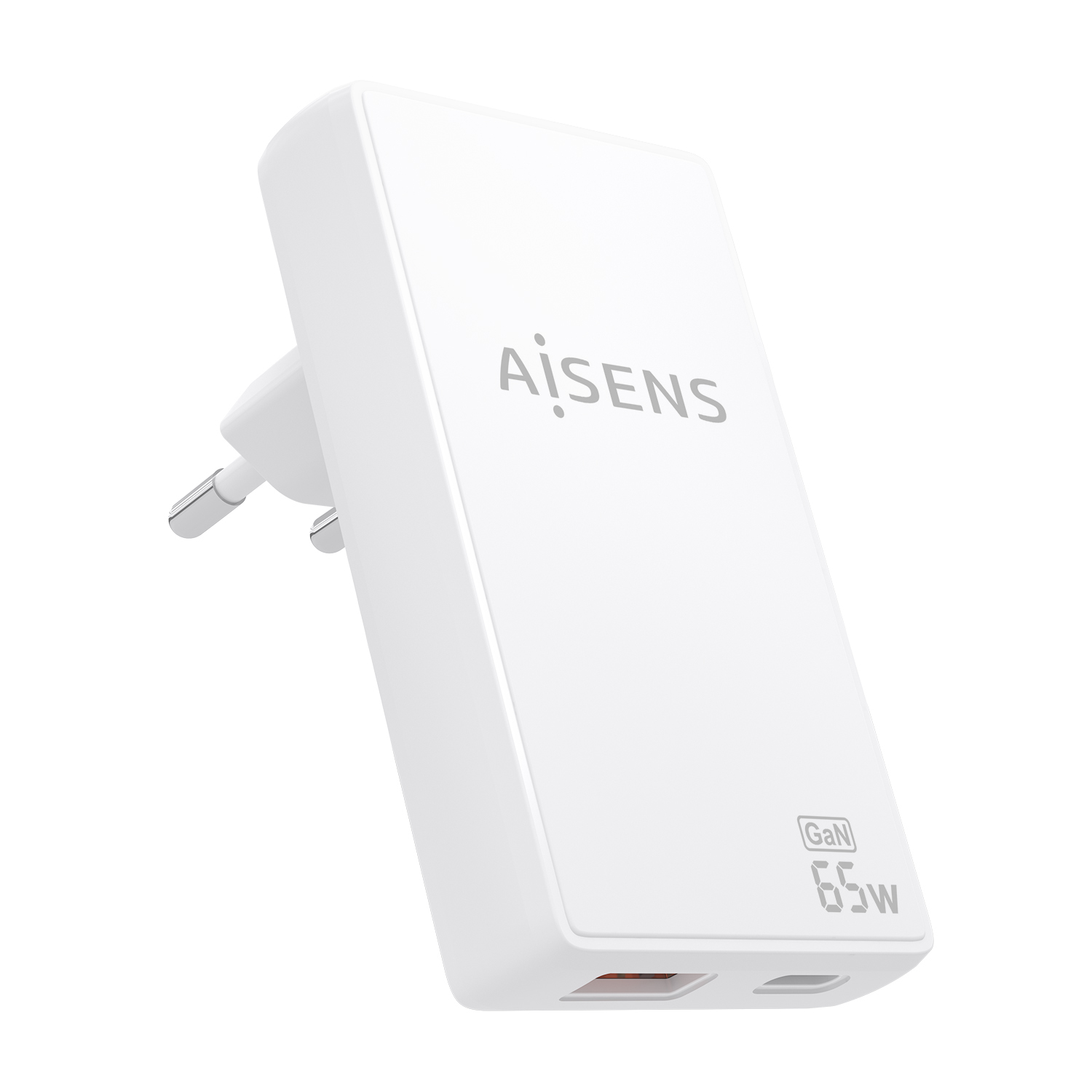 Cargador De Pared GaN Ultra Delgado 65W, 1xUSB-C PD3.0 QC4.0, 1xUSB-A QC3.0, Blanco