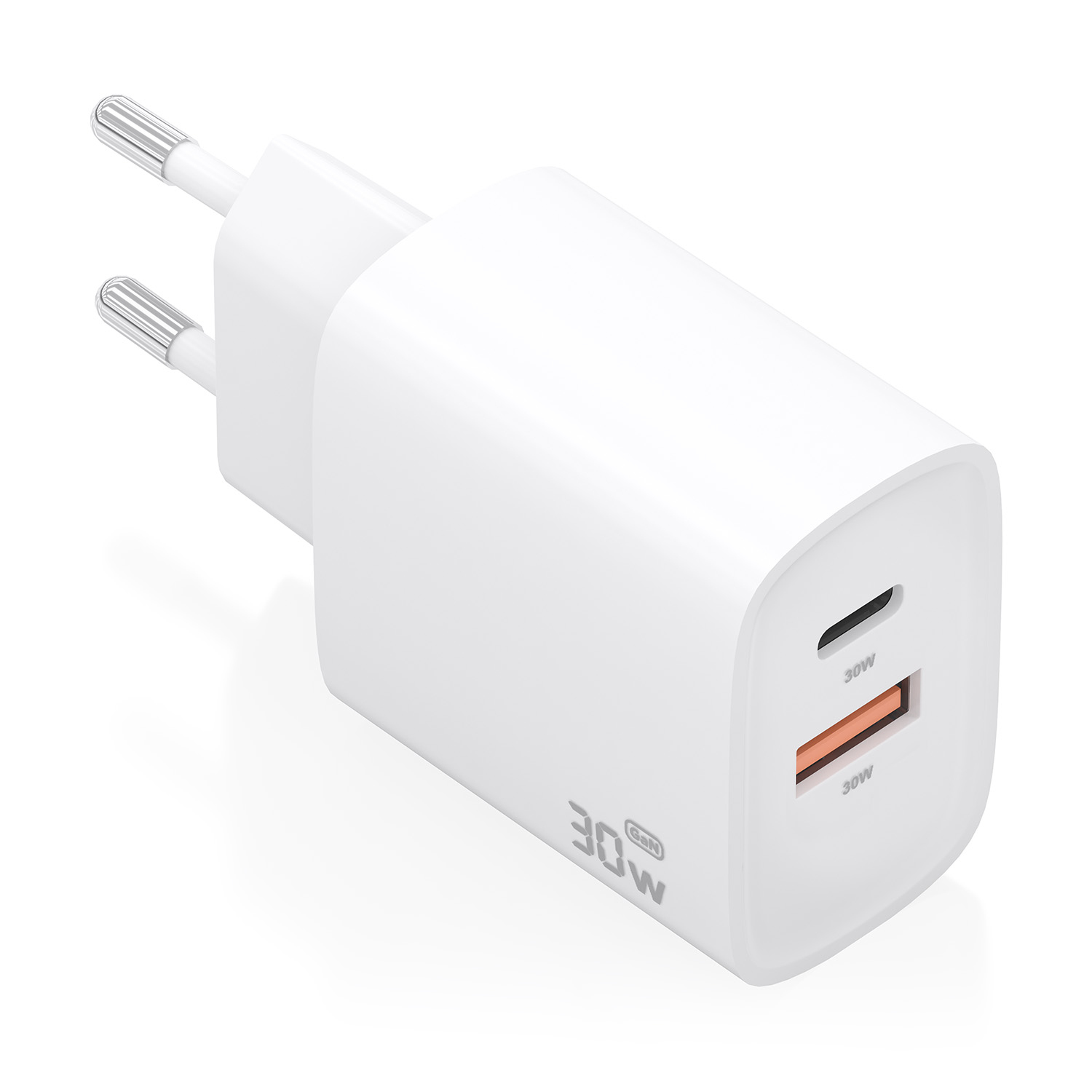 Cargador GaN 30W, 1xUSB-C PD3.0 QC4.0, 1xUSB-A QC3.0, Blanco