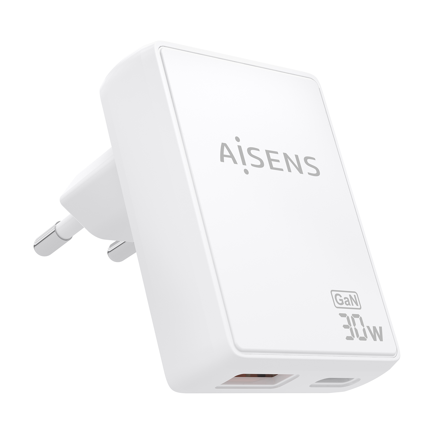 Cargador De Pared GaN Ultra Delgado 30W, 1xUSB-C PD3.0 QC4.0, 1xUSB-A QC3.0, Blanco
