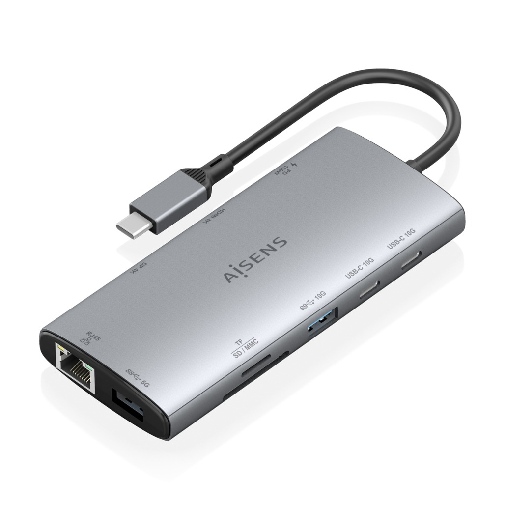USB-C Dock 10 en 1, USB-C a 1xHDMI, 1xDisplayPort, 1xRJ45, 1xUSB-A 10G, 1xUSB-A 5G, 2xUSB-C 10G, 1xUSB-C PD100W, 1xSD, 1xMicroSD, Gris, 20cm