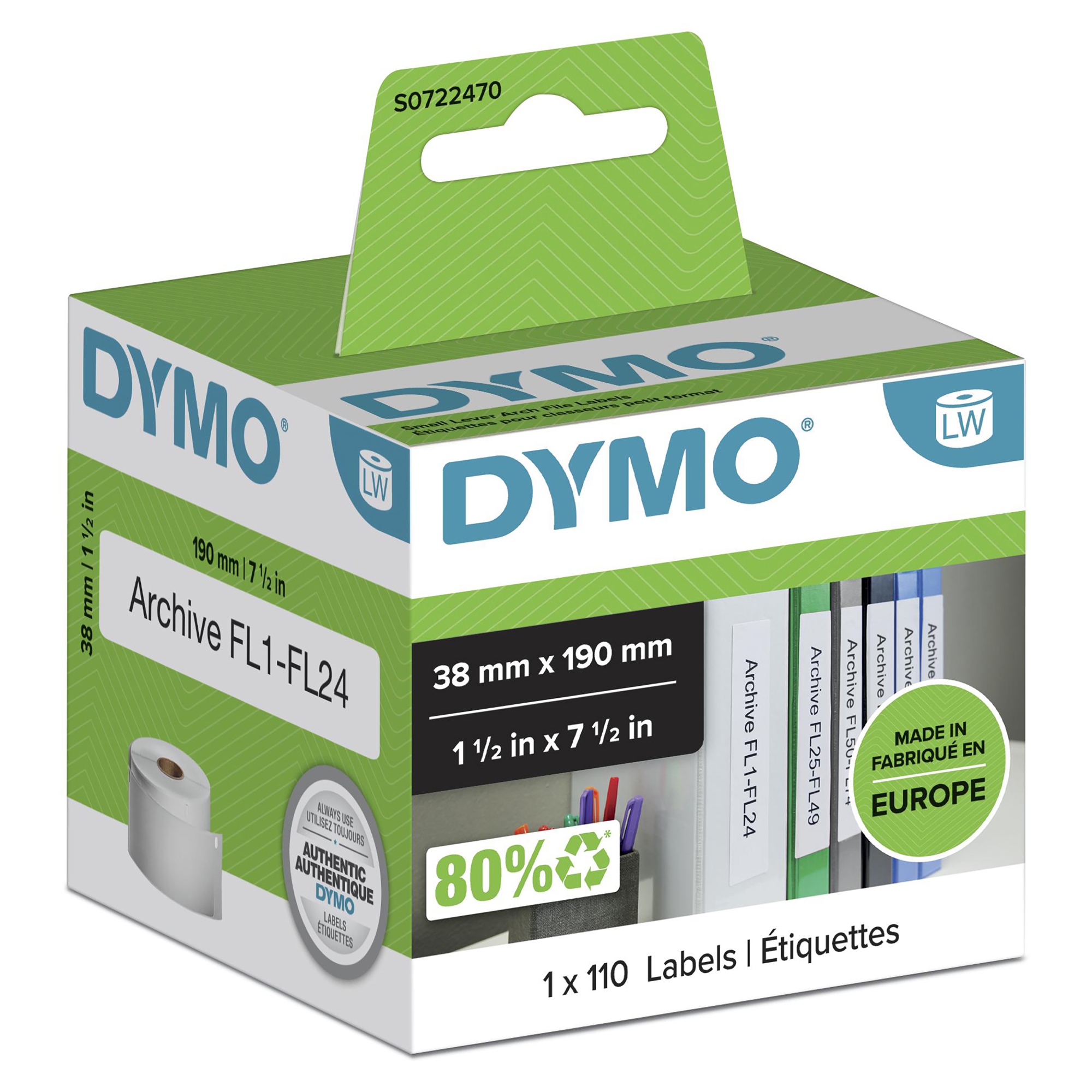 LabelWriter Etiquetas pequeñas multiuso/LAF auténticas de | 38 mm x 190 mm | Rollo de 110 etiquetas fáciles de despegar | Autoadhesivas | Para rotuladoras LabelWriter
