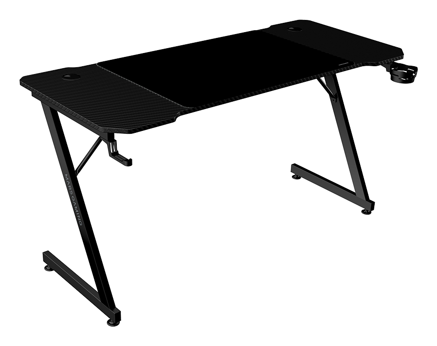 MGD-X140, Mesa Gaming Ergonómica, Superficie en Fibra de Carbono, Estructura Metálica, Alfombrilla XXL, Soporte Auriculares y Bebida, Gestión Cableado, Escritorio PC 140x60cm, Negro