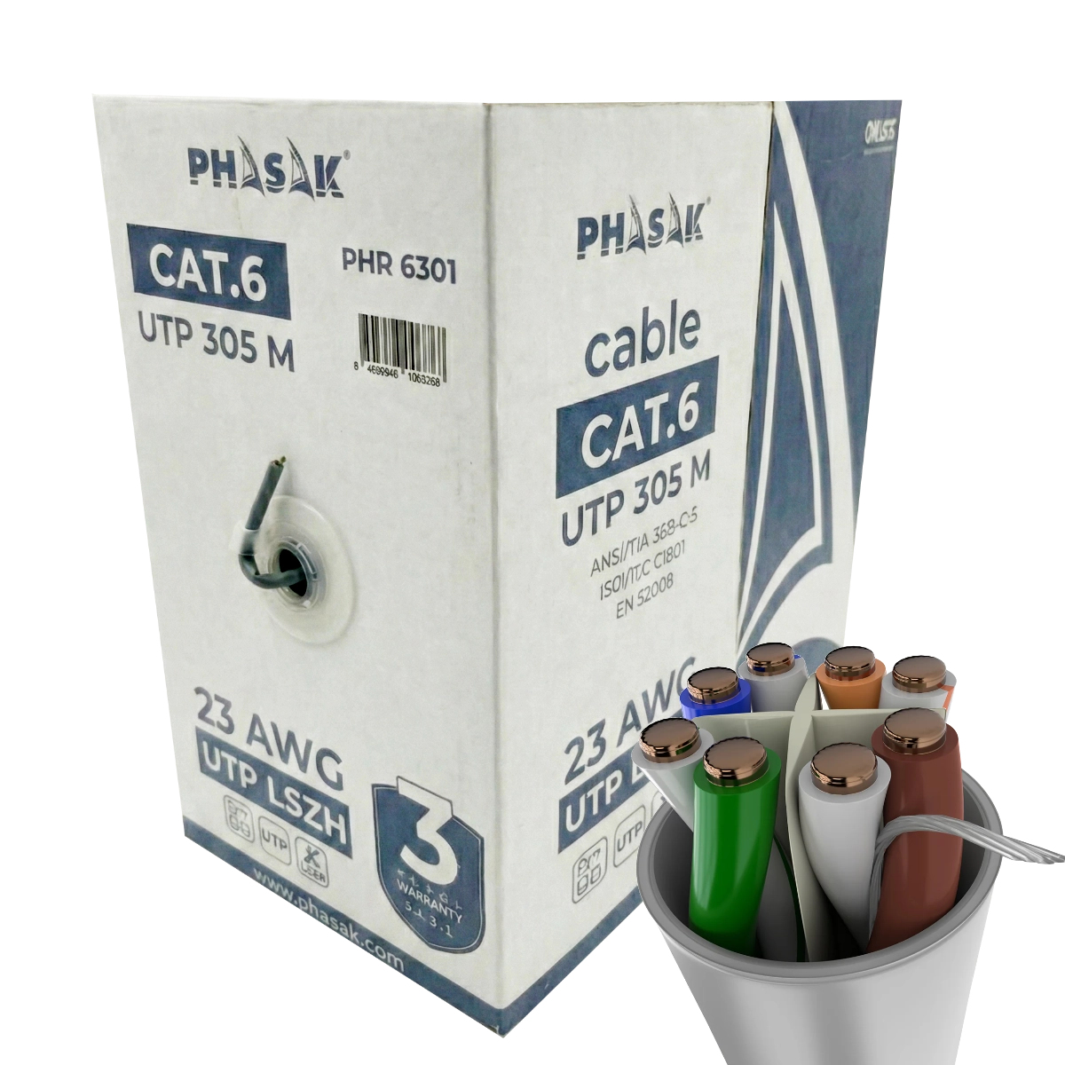 Bobina de Cable de Red Cat.6 UTP LSZH Sólido AWG23 CCA 305M - PHR 6301