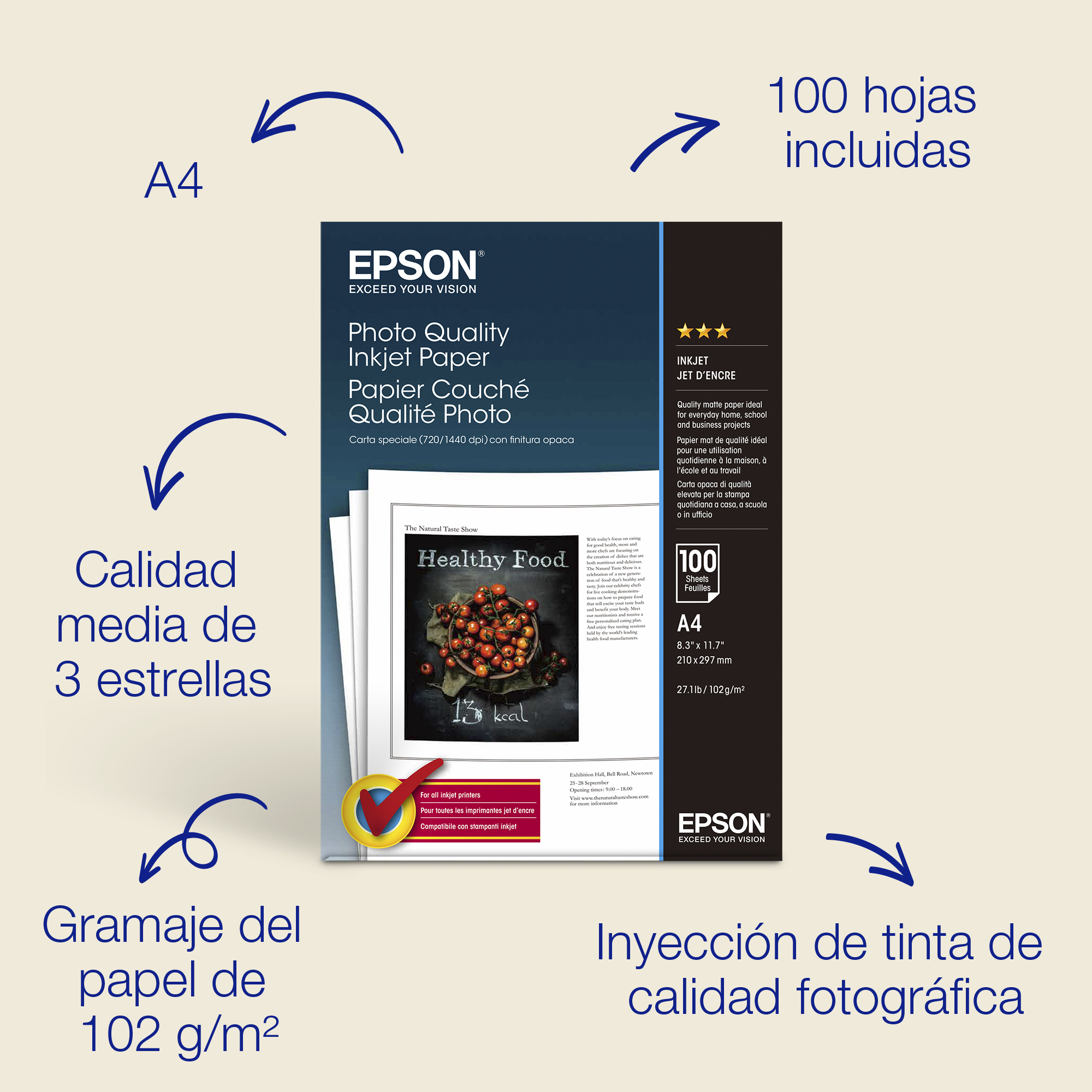 Papel inkjet de calidad fotográfica A4 de , 102 g/m2, 100 hojas