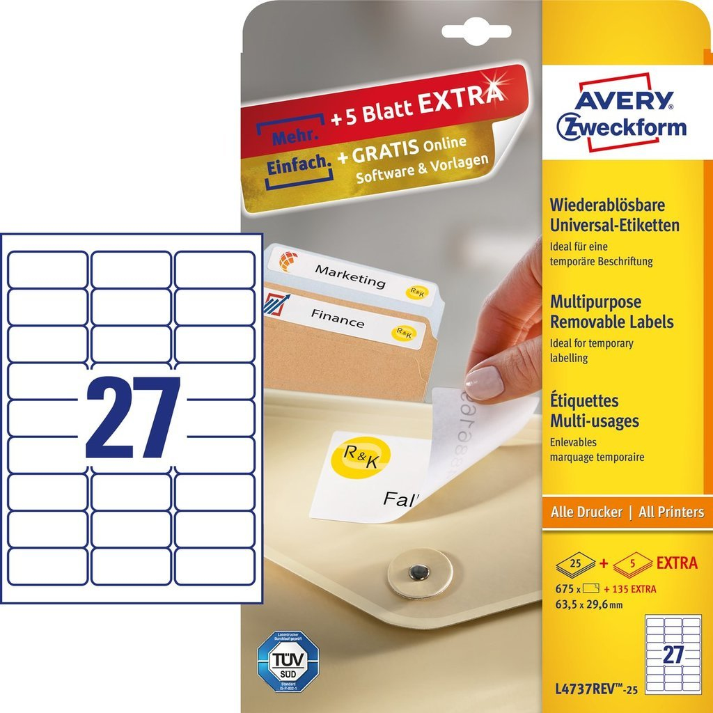 L4737REV-25 etiqueta autoadhesiva Rectángulo redondeado Desmontable Blanco 810 pieza(s)