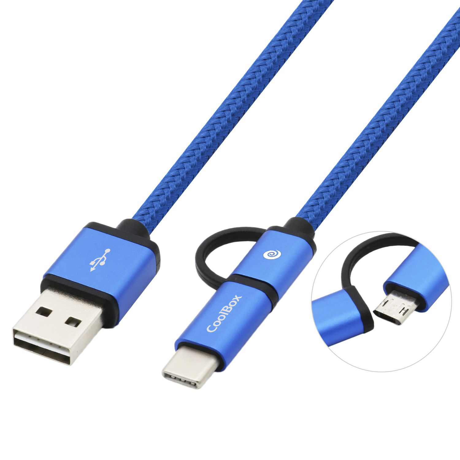 CABLE TRENZADO DE USB-A A MICRO-USB Y USB-C AZUL