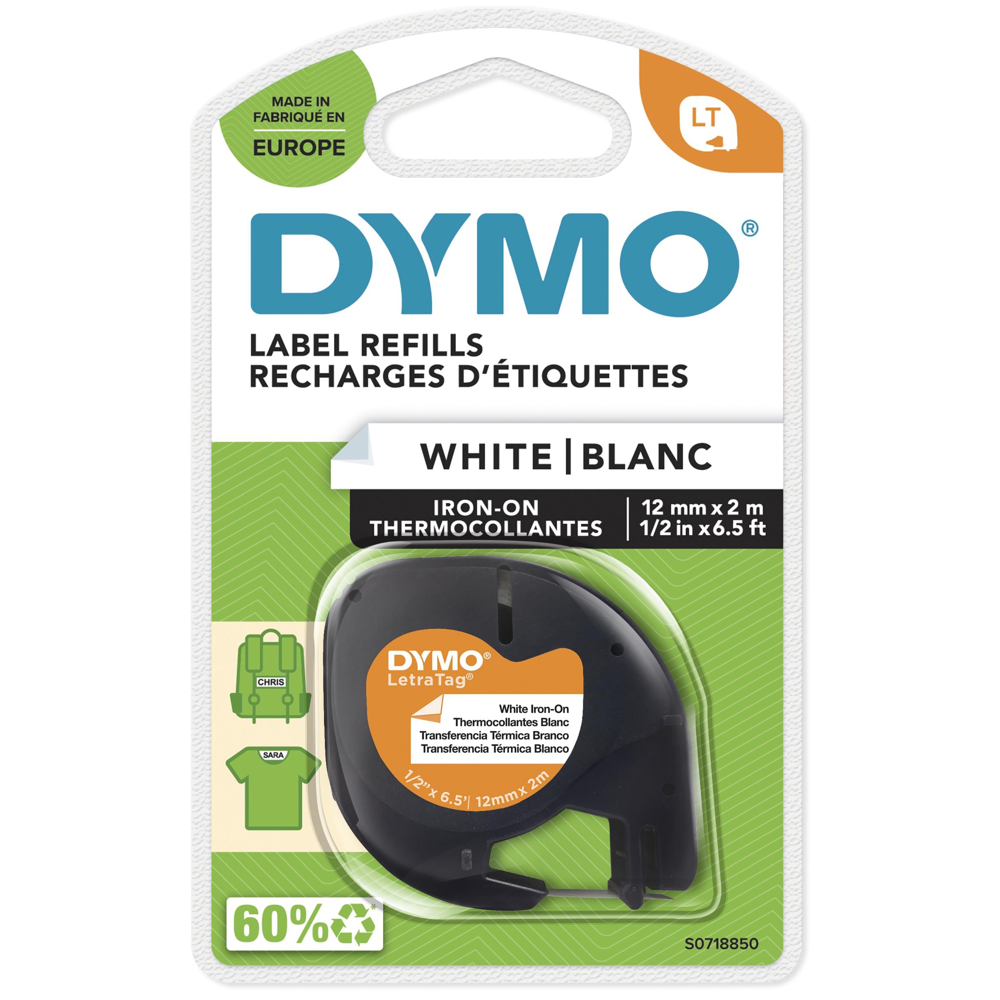 LT etiquetas auténticas para ropa | Negro sobre blanco | 12 mm x 2m | Hierro en las etiquetas de tela para las etiquetadoras LetraTag | autoadhesivo