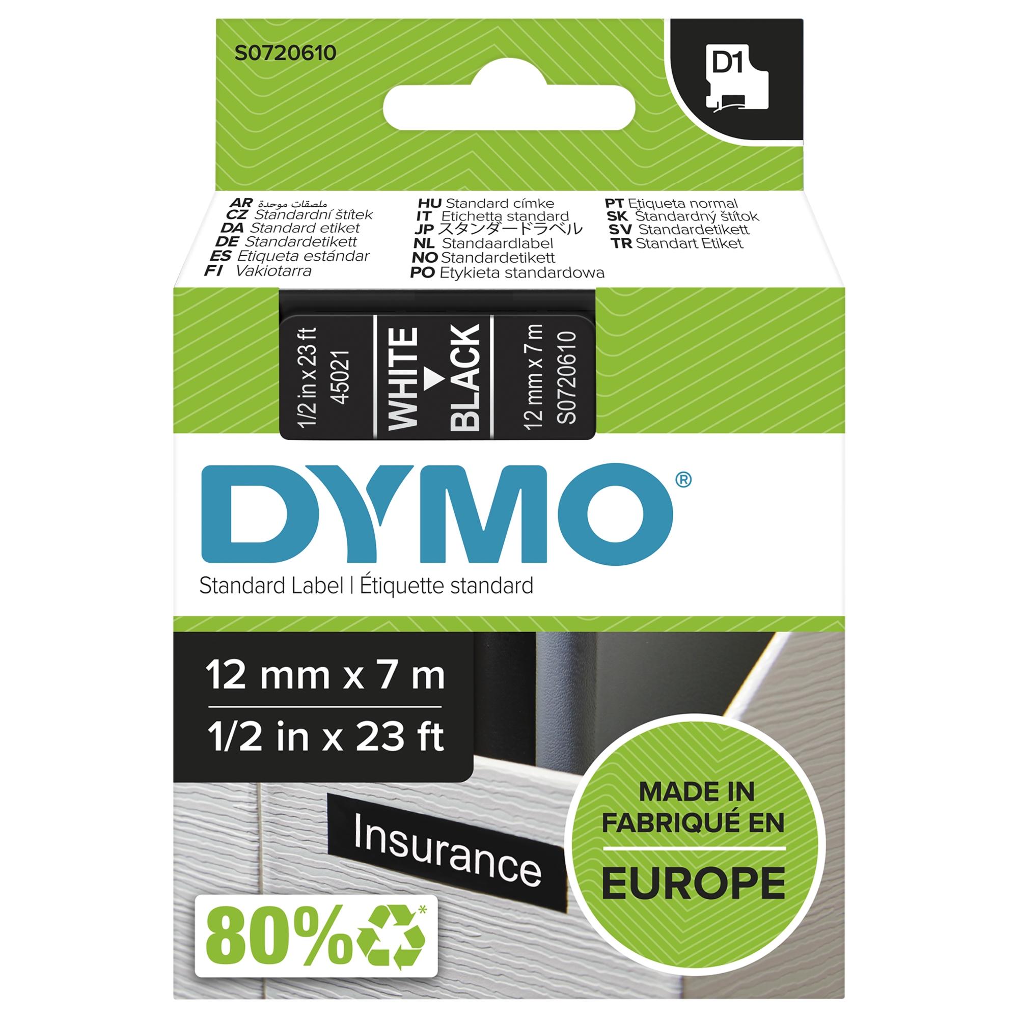 D1 etiquetas auténticas | impresión blanca sobre fondo negro | 12 mm × 7 m | etiquetas autoadhesivas para etiquetadoras LabelManager