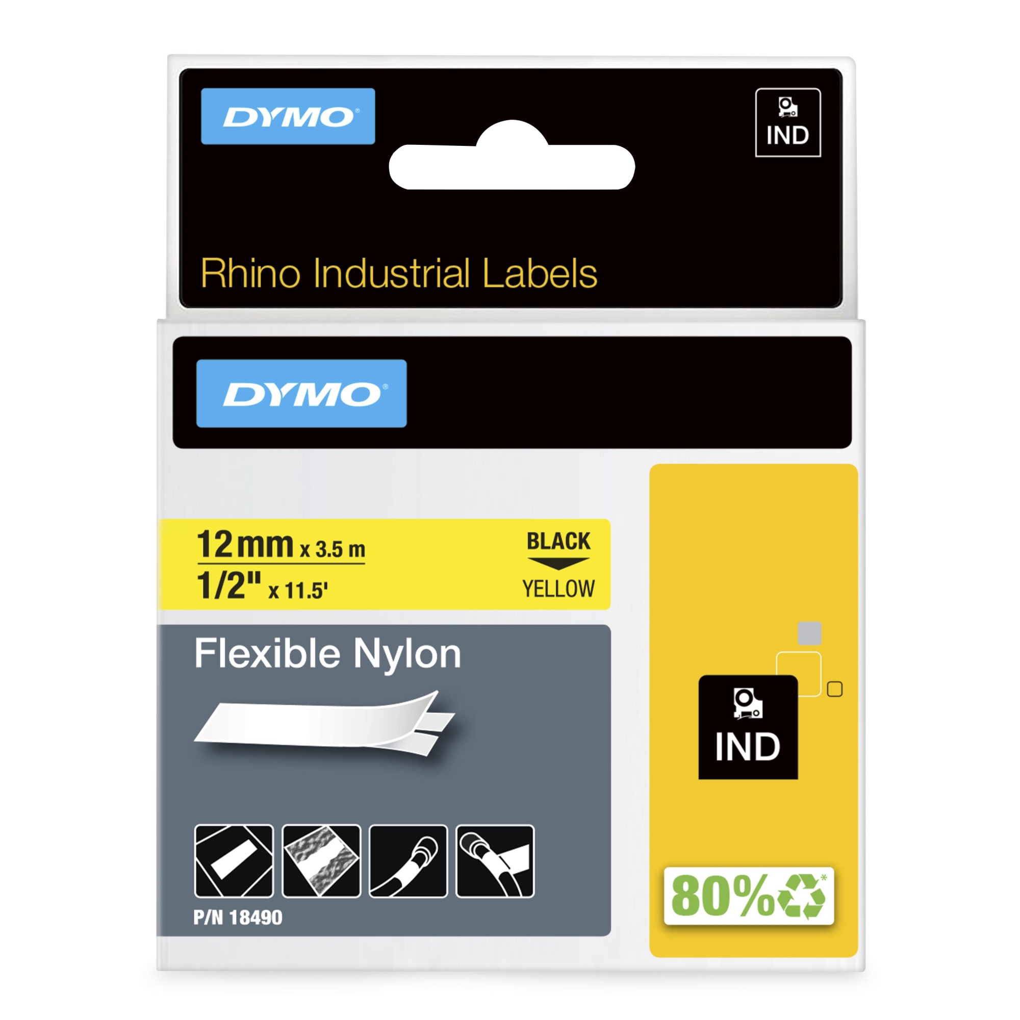 Rhino etiquetas industriales de nailon flexible | 12 mm x 3,5 m | de color negro sobre fondo amarillo