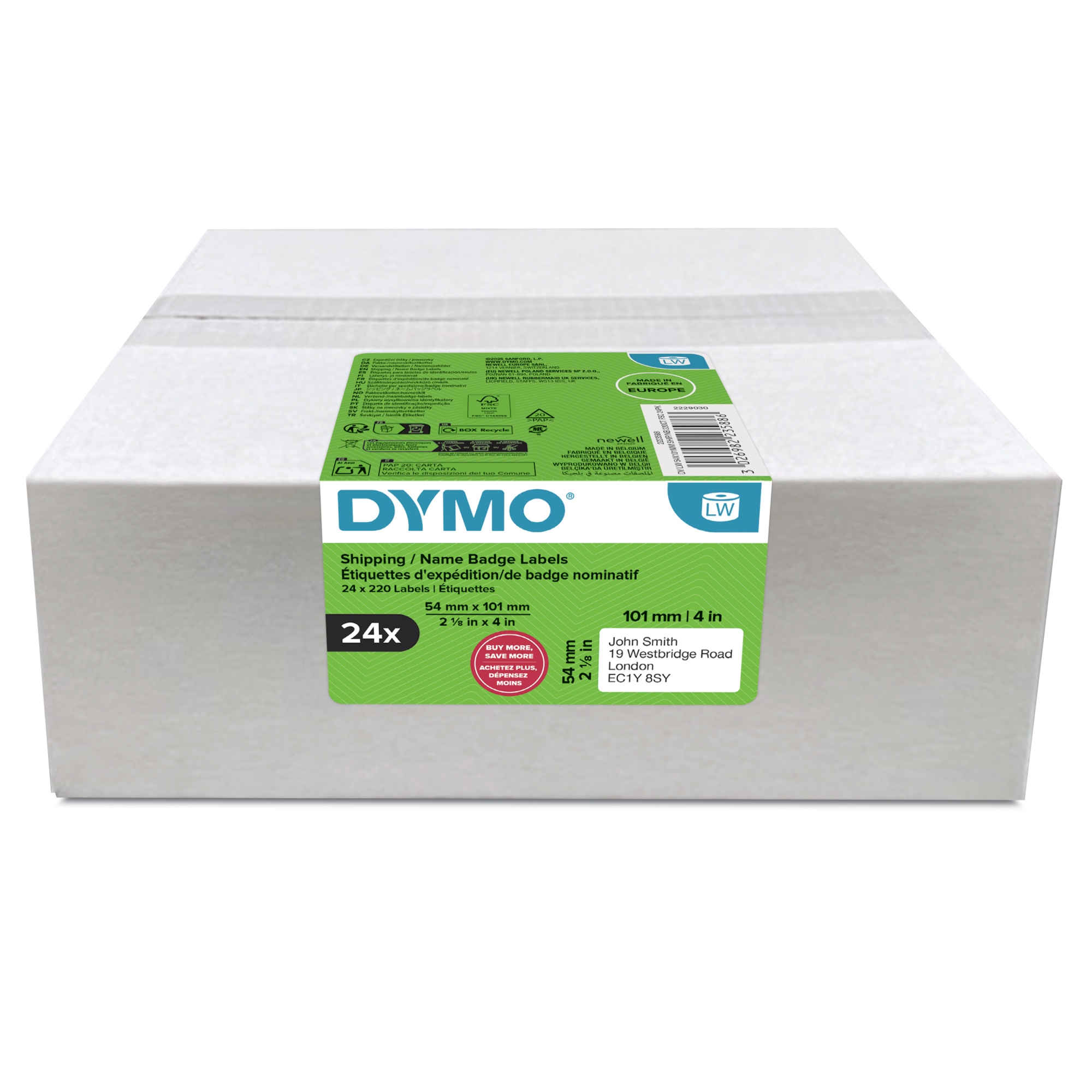 LW etiquetas de envío/tarjetas de identificación grandes y auténticas | 54 mm × 101 mm | 24 rollos de 220 etiquetas autoadhesivas (5.280 unidades) | para etiquetadoras LabelWriter