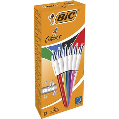 4 Colours Shine Negro, Azul, Verde, Rojo Bolígrafo de punta retráctil con pulsador Medio 12 pieza(s)