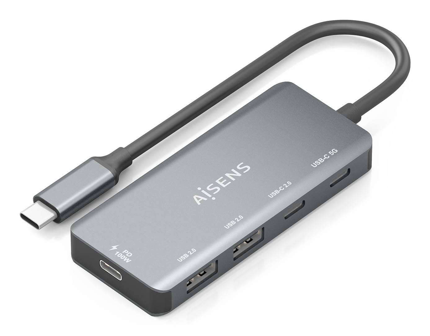 Hub USB 3.1 USB-C, USB-C/M-1xUSB-C PD 100W+1xUSB-C USB3.0/H+1xUSB-C USB2.0/H+2xUSB-A USB2.0/H, Gris, 15cm