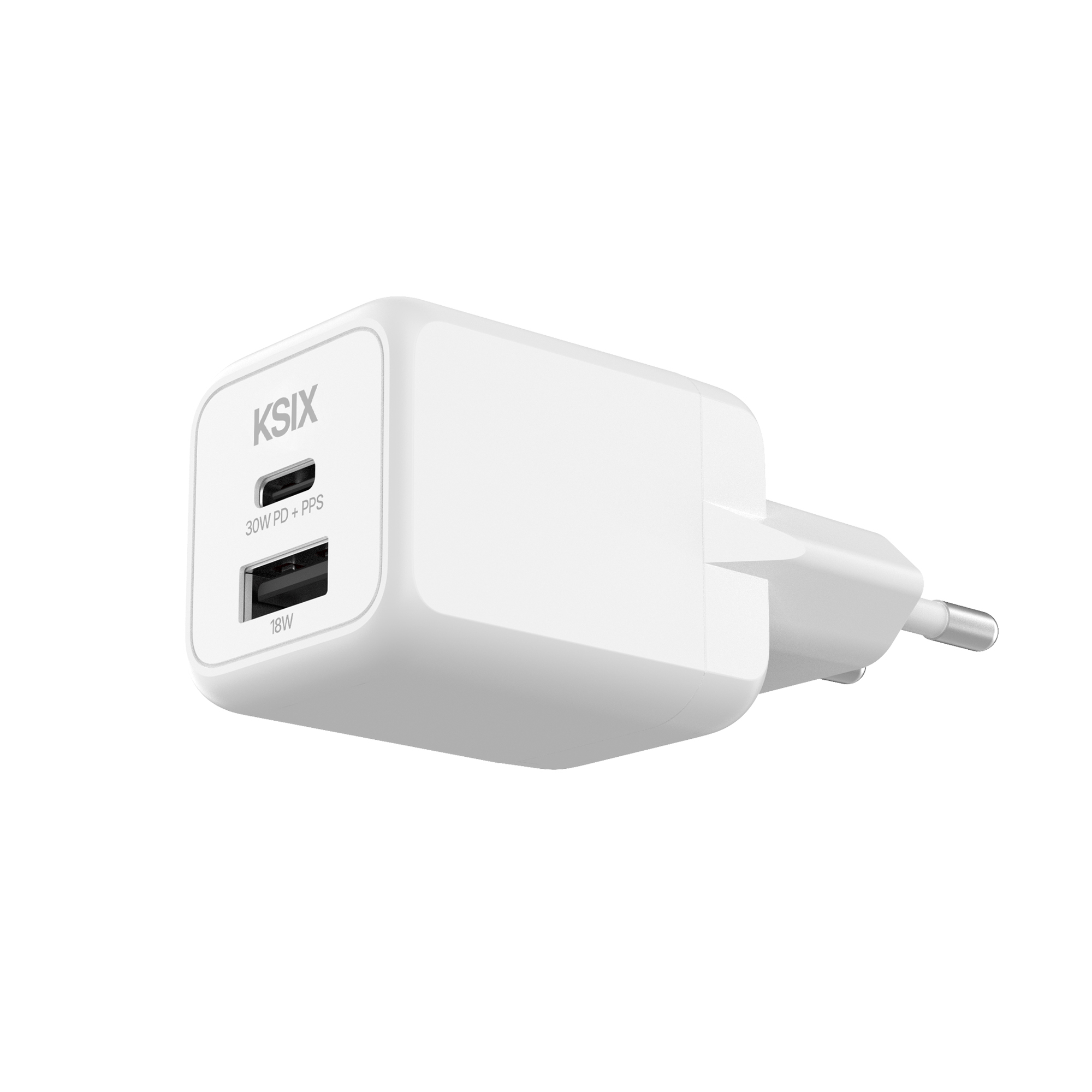 Cargador de red 30W, GaN, PPS, Power Delivery, Materiales sostenibles, 1 x USB-C + 1 x USB-A, Blanco