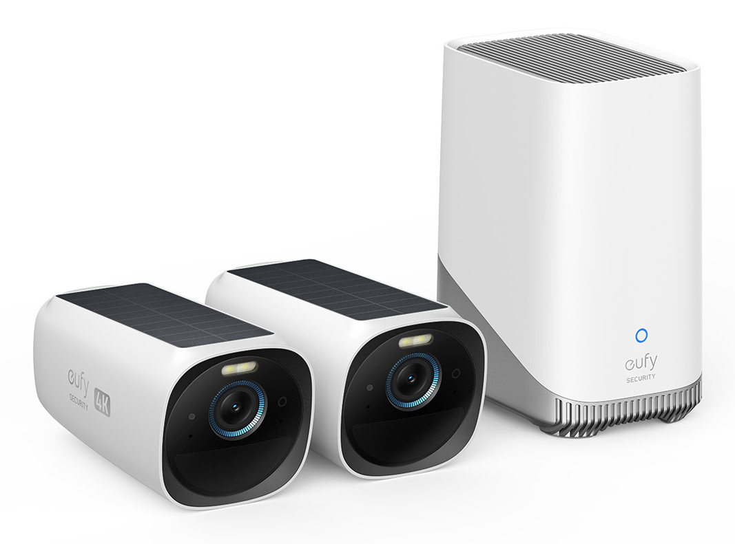 Kit de 2 cámaras eufyCam 3 de Security, cámara de seguridad 4K con panel solar integrado, IA de reconocimiento facial, cámara de seguridad con almacenamiento local ampliable, cámara exterior con energía constante, foco y visión nocturna en color, sin tasas mensuales