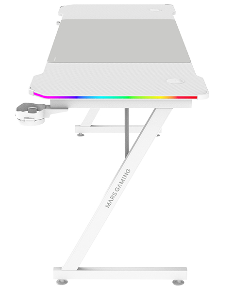 MGD-X160RGB, Mesa Gaming Ergonómica, Iluminación ARGB con Mando, Fibra de Carbono, Alfombrilla XXL, Soporte Auriculares y Bebida, Gestión Cableado, Escritorio Gaming 160x60cm, Blanco