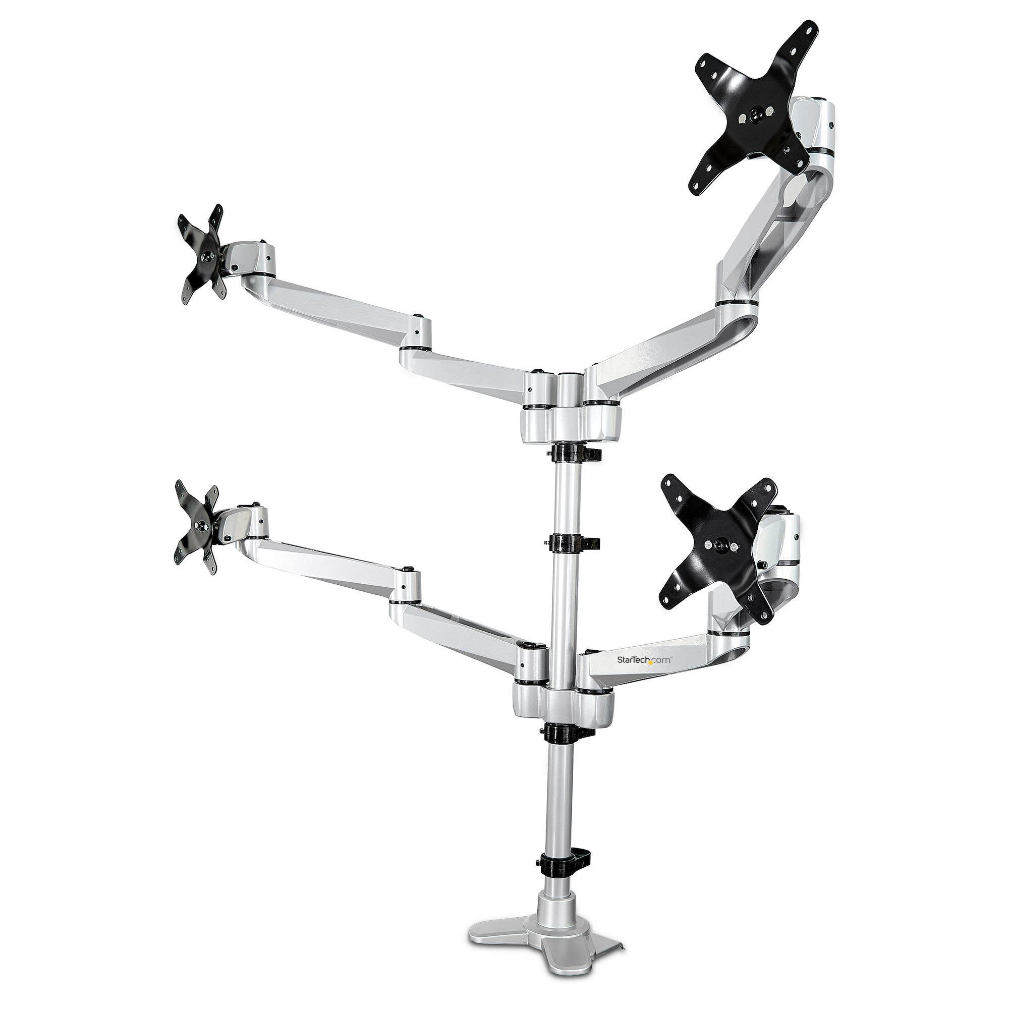 Brazo Soporte VESA de Escritorio para 4 Monitores Articulado Ergonómico de Ajuste de Altura para 4 Monitores 2x2 de hasta 30" (11.3Kg) - Giro/Inclinación/Rotación -con Mordaza en C/Grommet - Plata