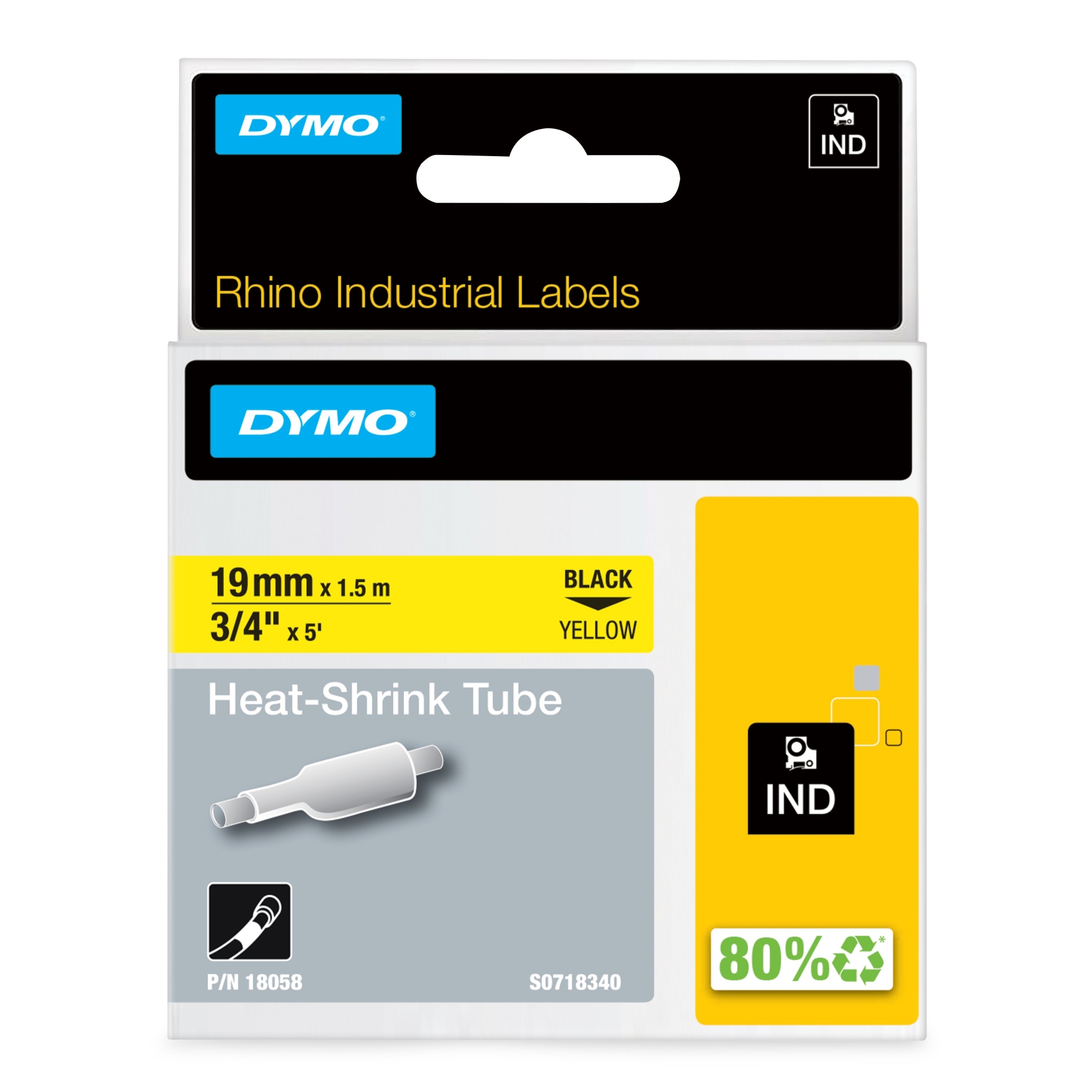 Rhino Tubos termorretráctiles industriales para etiquetas de cables | 19 mm x 1,5 m | Impresión en negro sobre amarillo | para rotuladoras Rhino