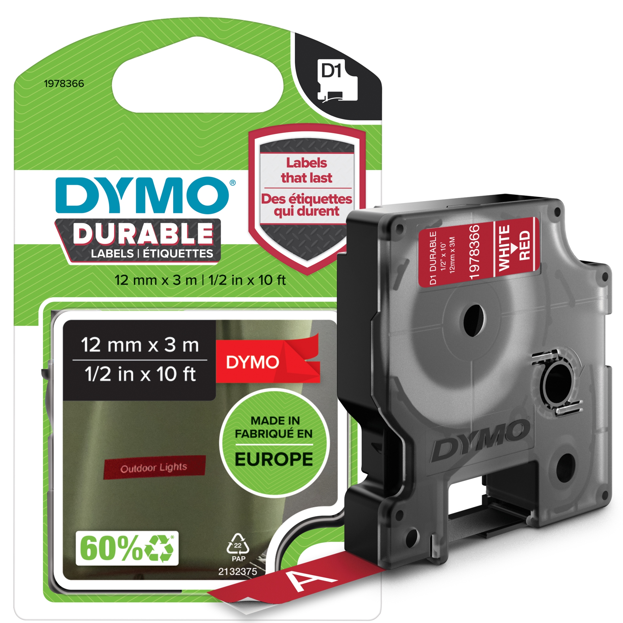 Authentic D1 Etiquetas duraderas | Impresión en negro sobre cinta roja | 12 mm x 3 m | Cinta de etiquetado para rotuladoras LabelManager
