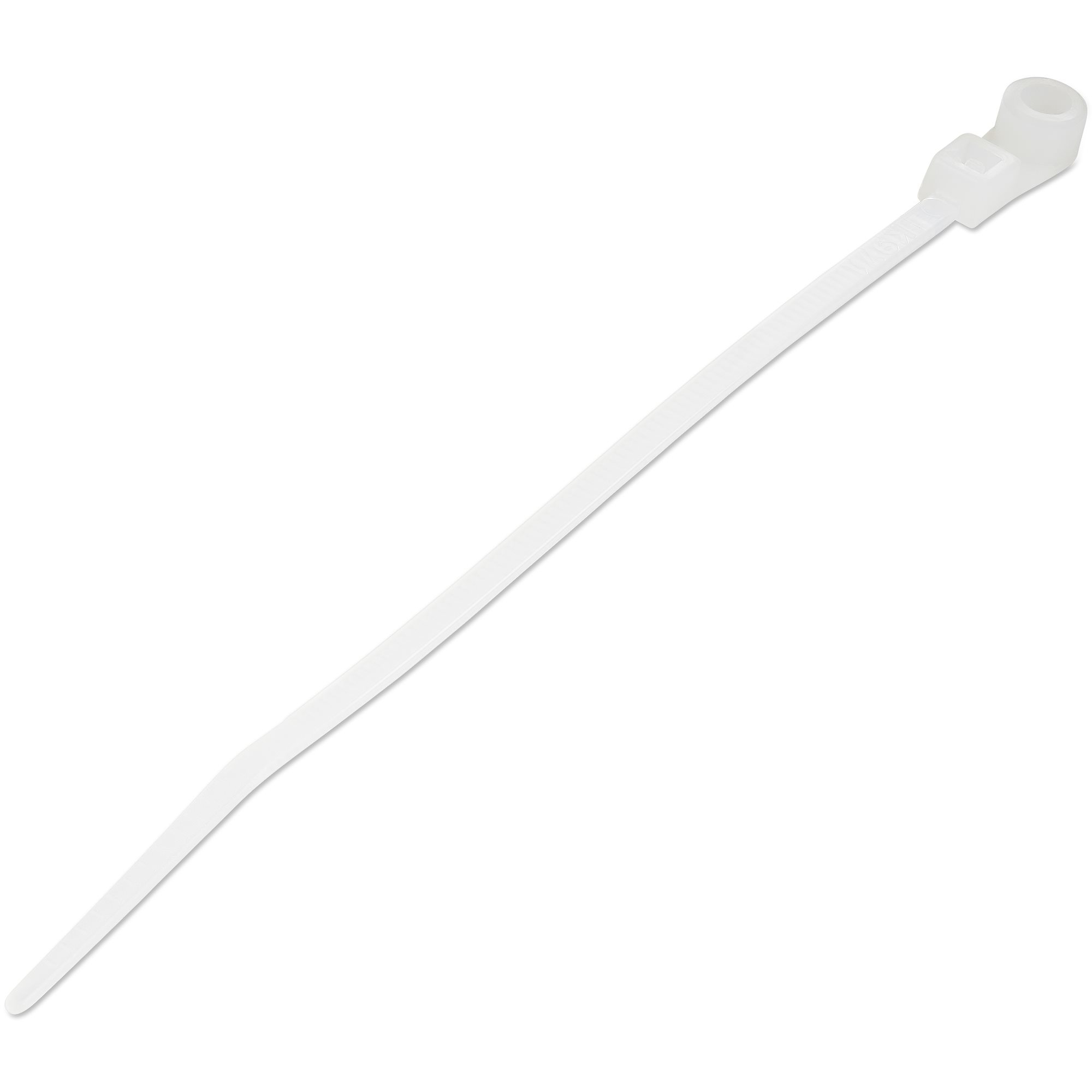 Bridas sujetacables de 10cm con perforación de montaje - 2 mm de ancho, para grupo de cables de 22 mm, soportan 8 kg de tensión, de Nylon 66, UL, paquete de 100