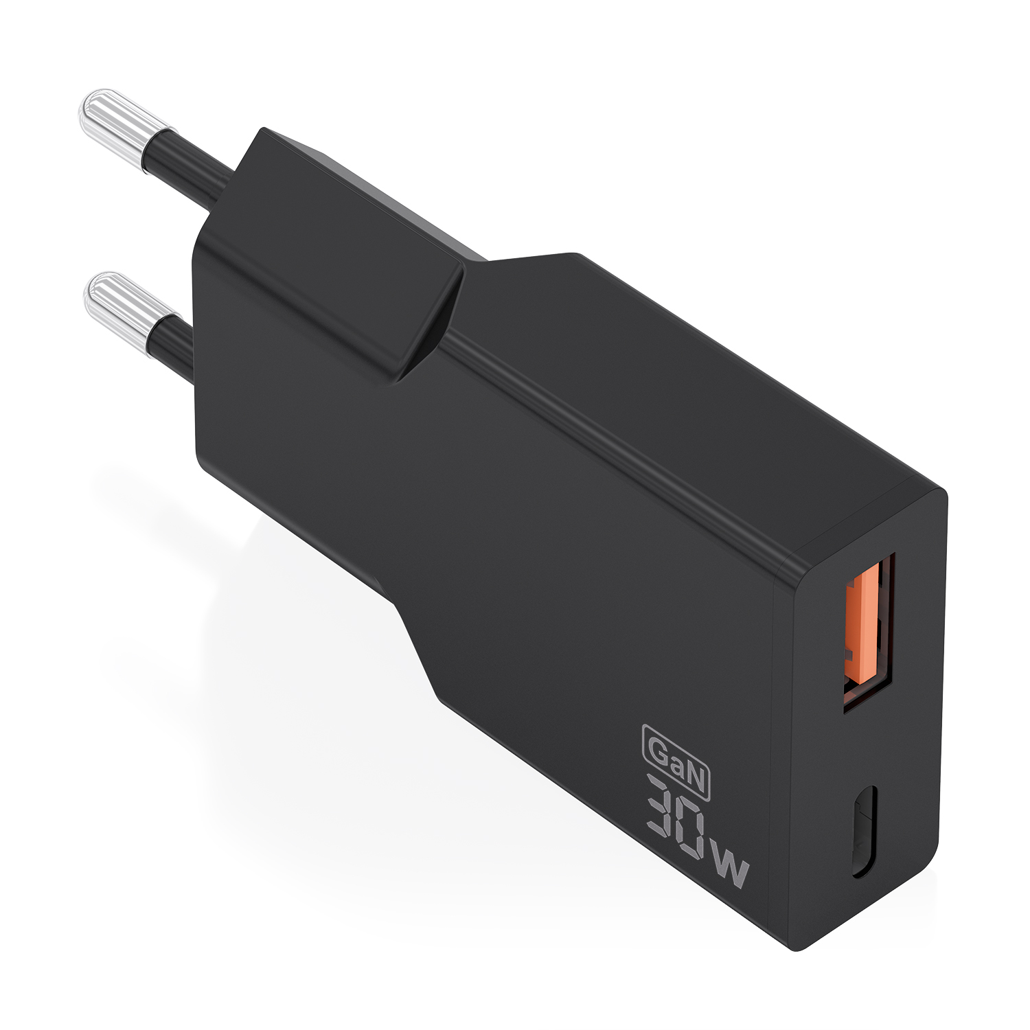 Cargador Ultra Delgado GaN 30W, 1xUSB-C PD3.0 QC4.0, 1xUSB-A QC3.0, Negro