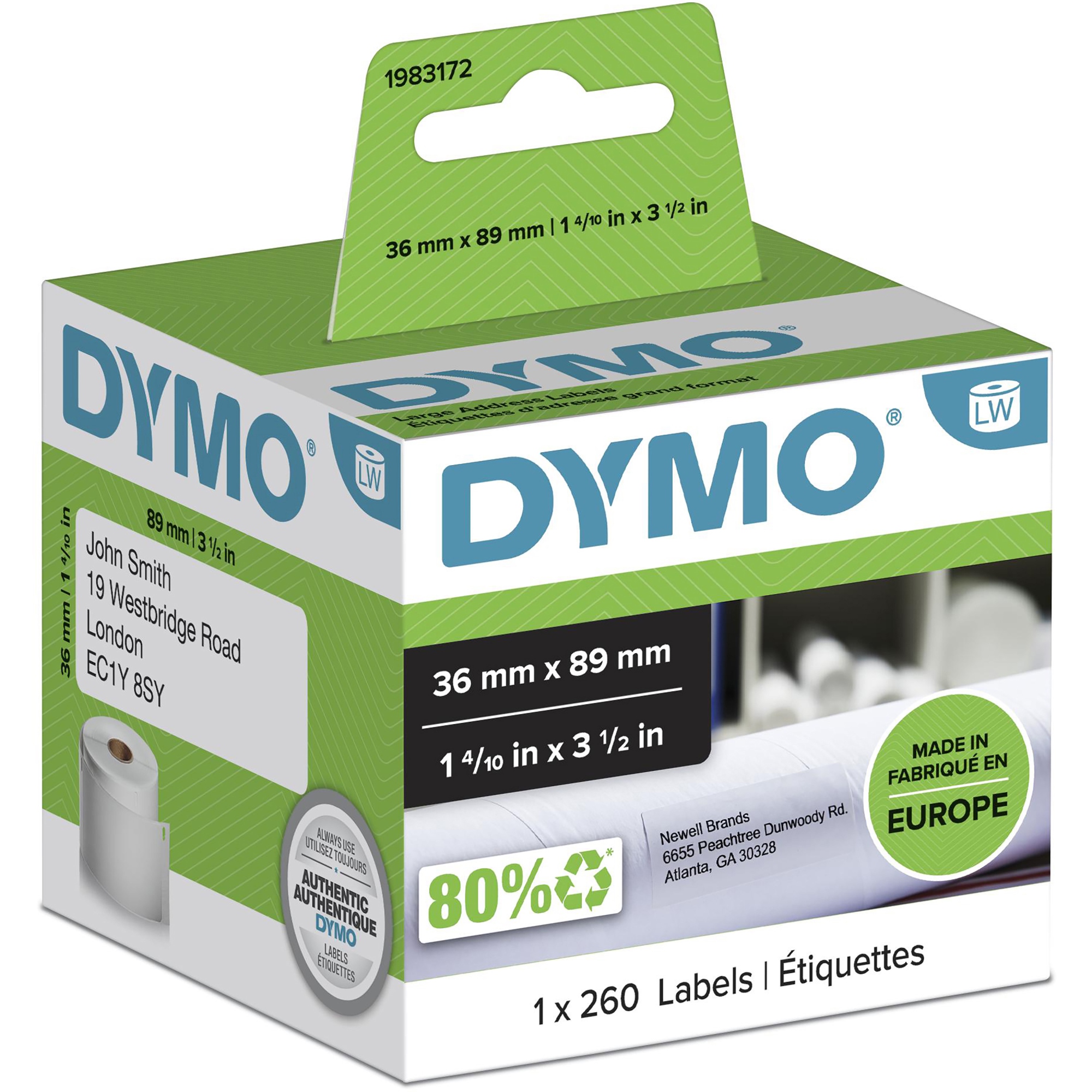 LW etiquetas auténticas grandes de dirección | 36 mm x 89 mm | rollo de 260 etiquetas con reverso fácil de retirar | autoadhesivas | para etiquetadoras LabelWriter